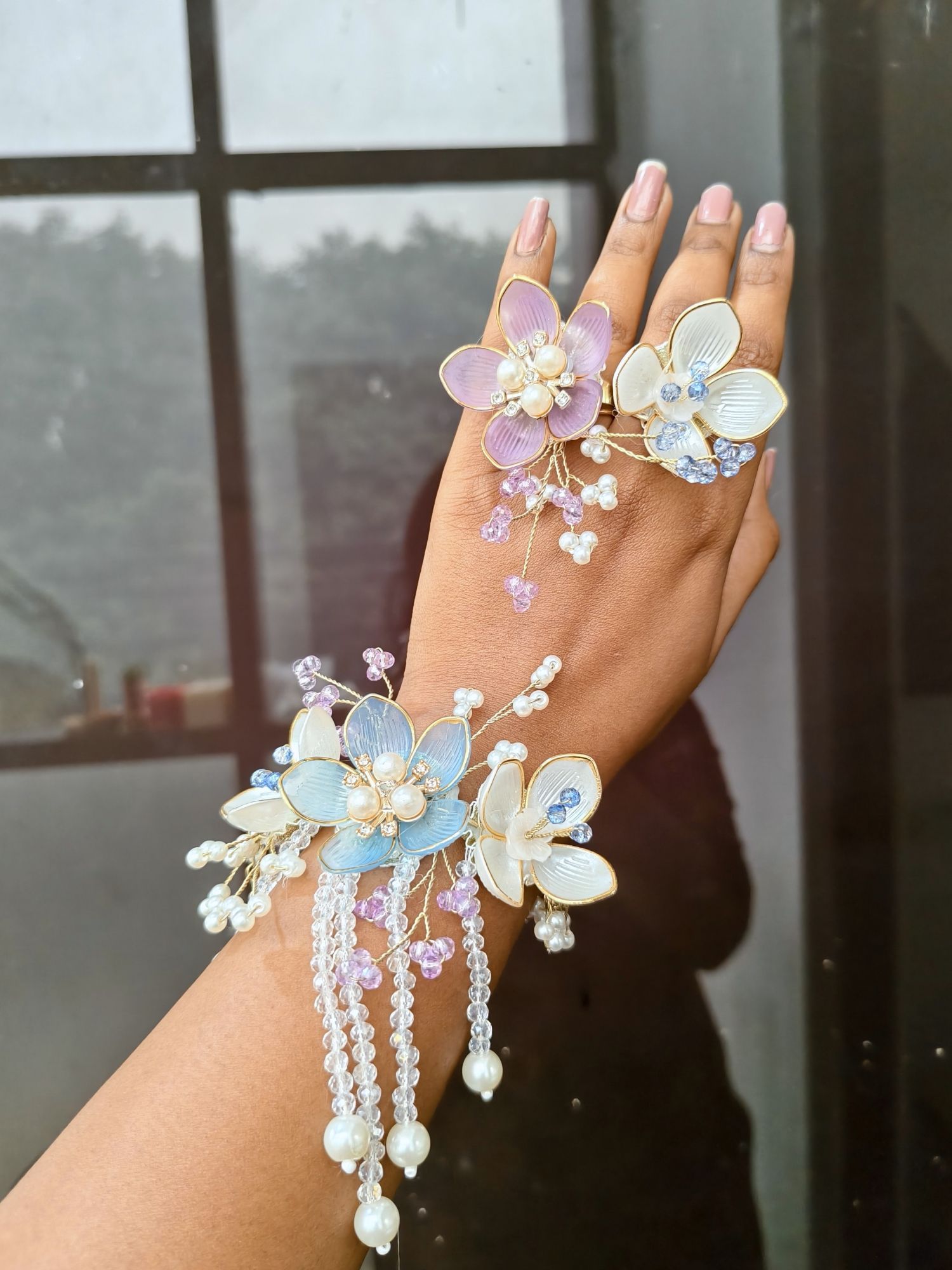 acrylic jewellery set blue white floral haldi mehndi baby shower