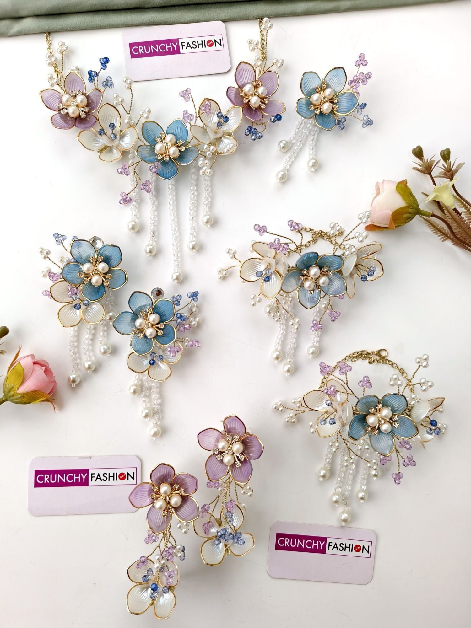 acrylic jewellery set blue white floral haldi mehndi baby shower
