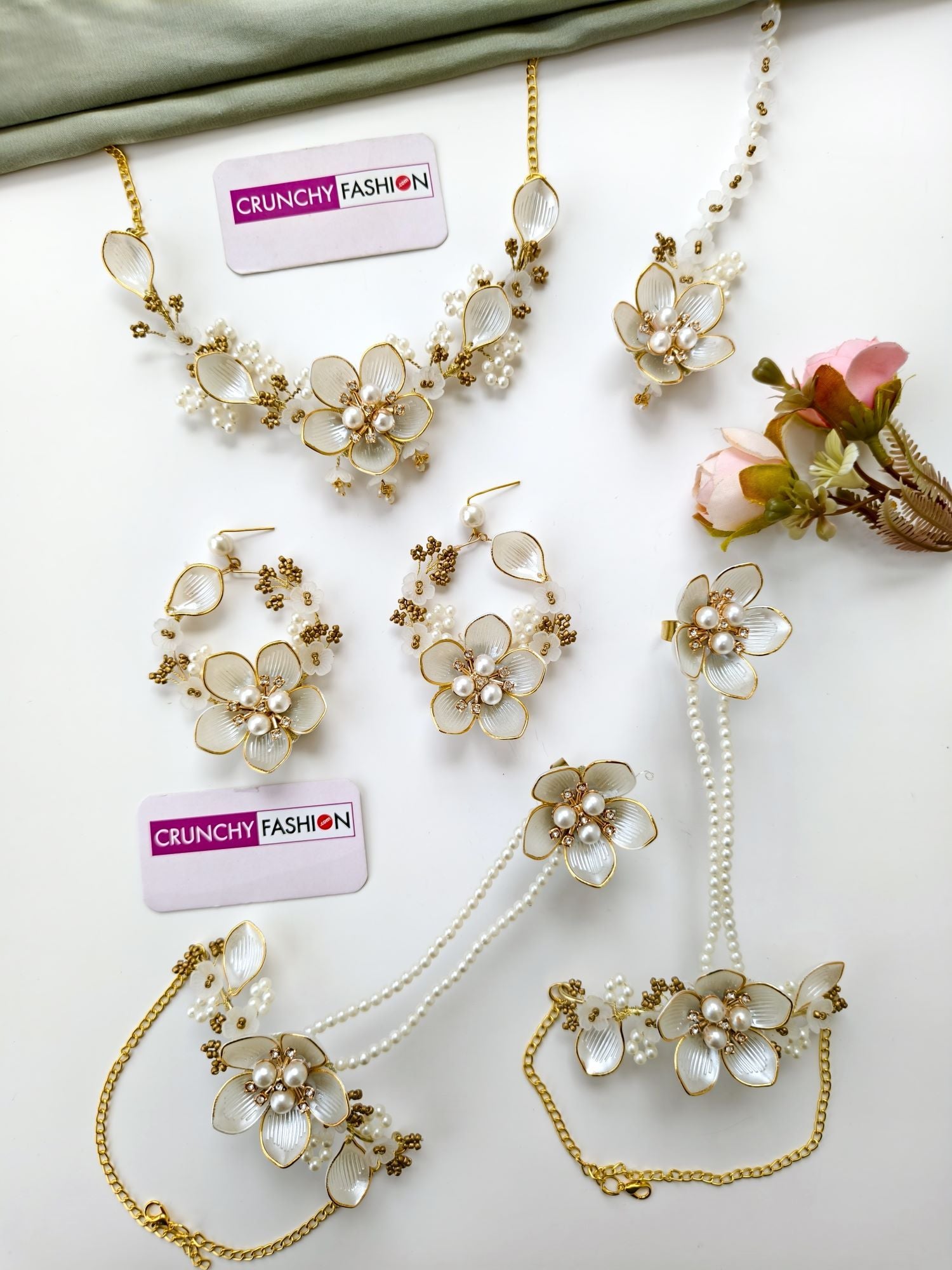 White gold acrylic flower bridal jewellery set for women, ideal for haldi and mehendi wedding ceremonies