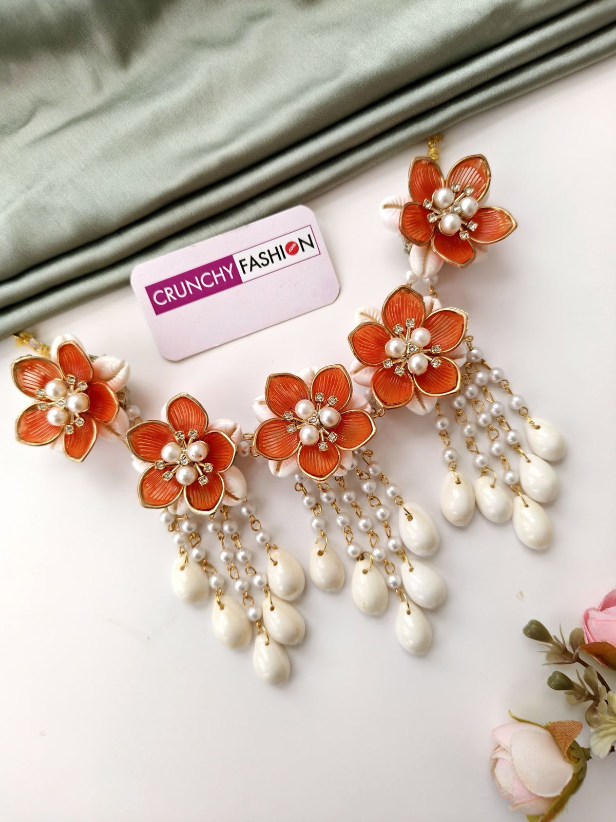 orange acrylic and shell haldi mehendi bridal jewellery set