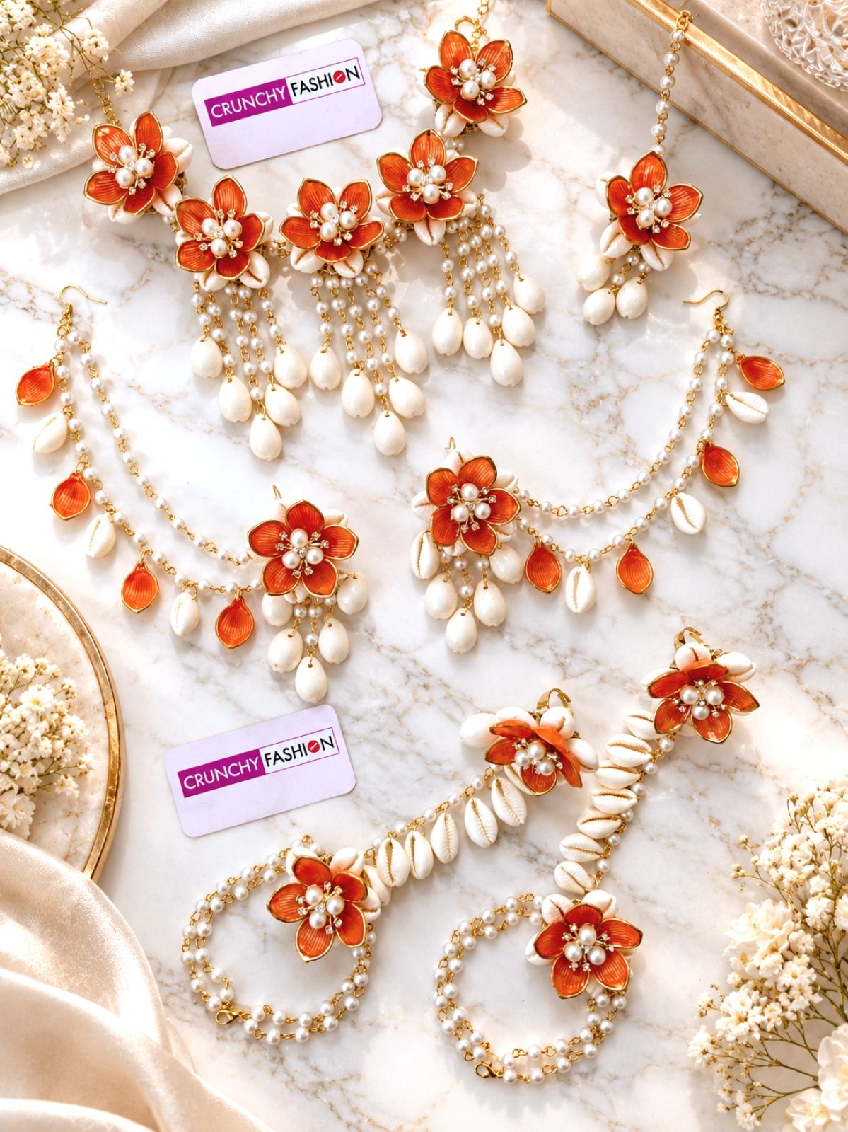 orange acrylic and shell haldi mehendi bridal jewellery set