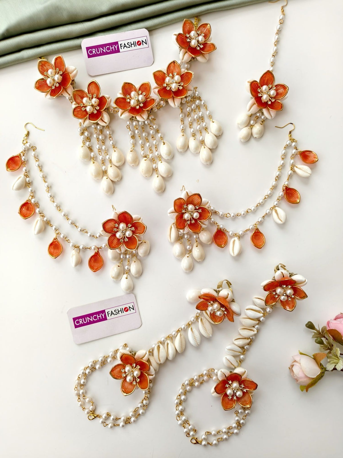 orange acrylic and shell haldi mehendi bridal jewellery set