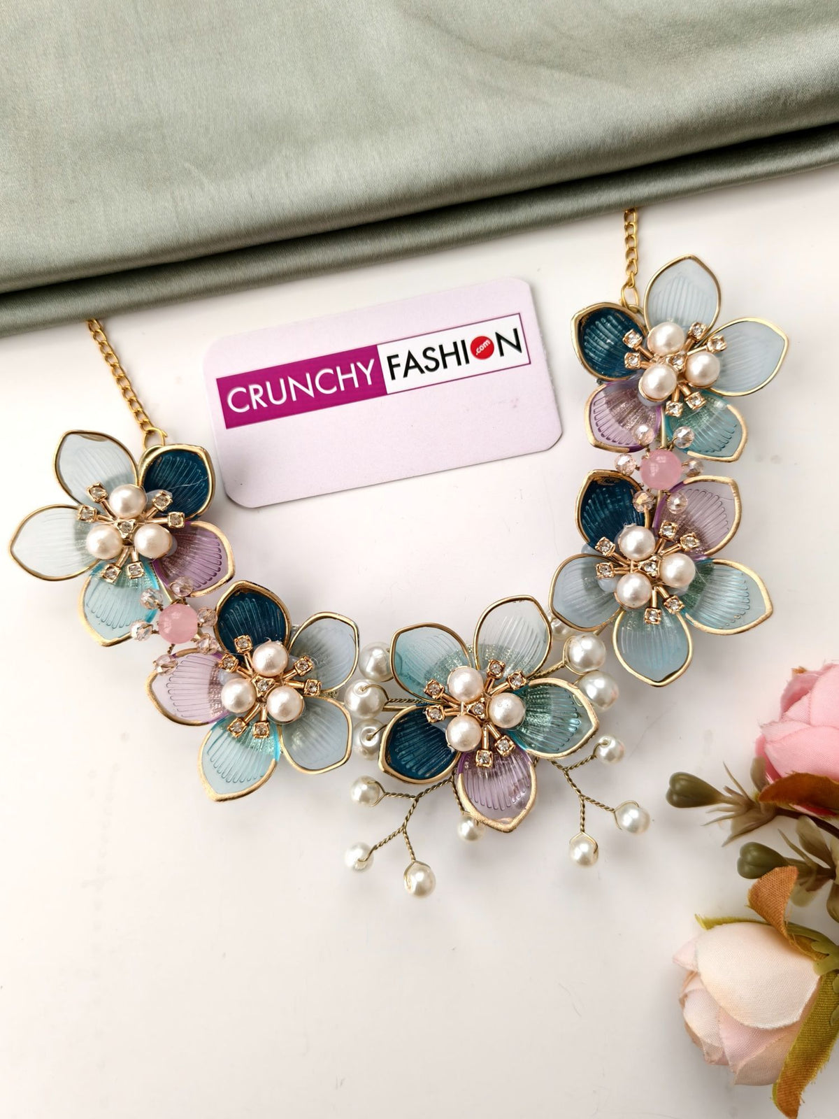 blue and pink floral acrylic jewellery set for haldi mehendi