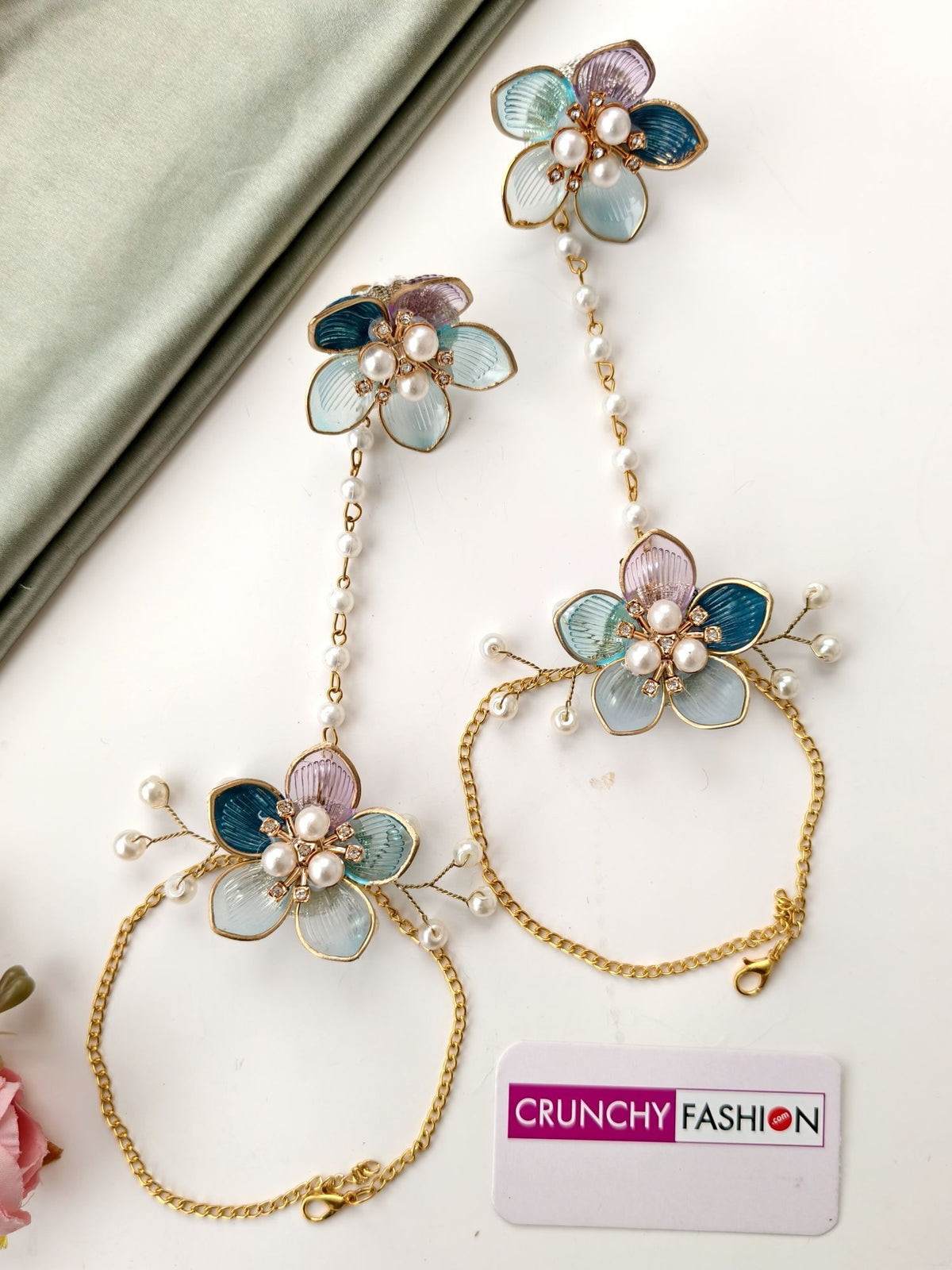 blue and pink floral acrylic jewellery set for haldi mehendi