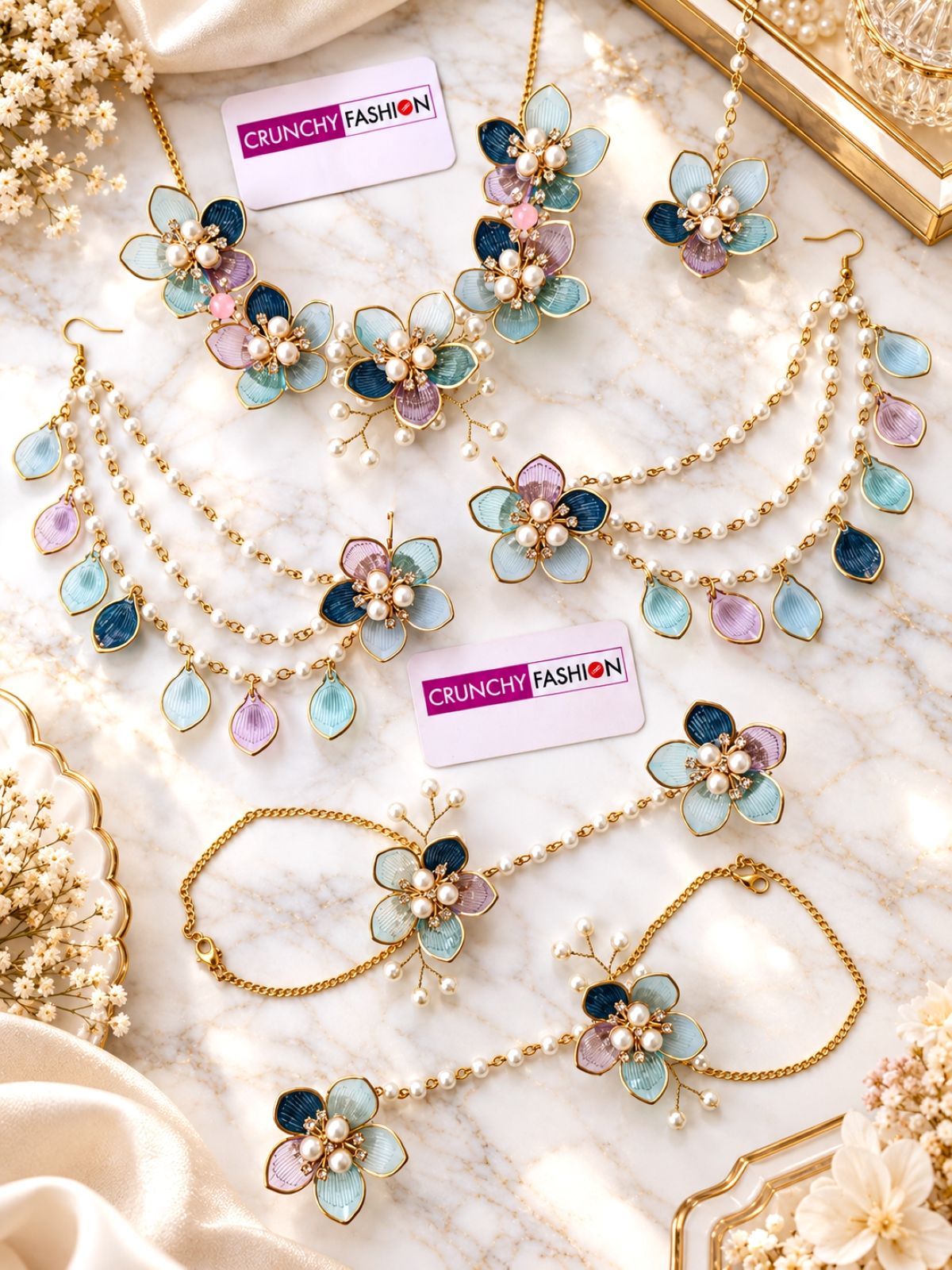 blue and pink floral acrylic jewellery set for haldi mehendi