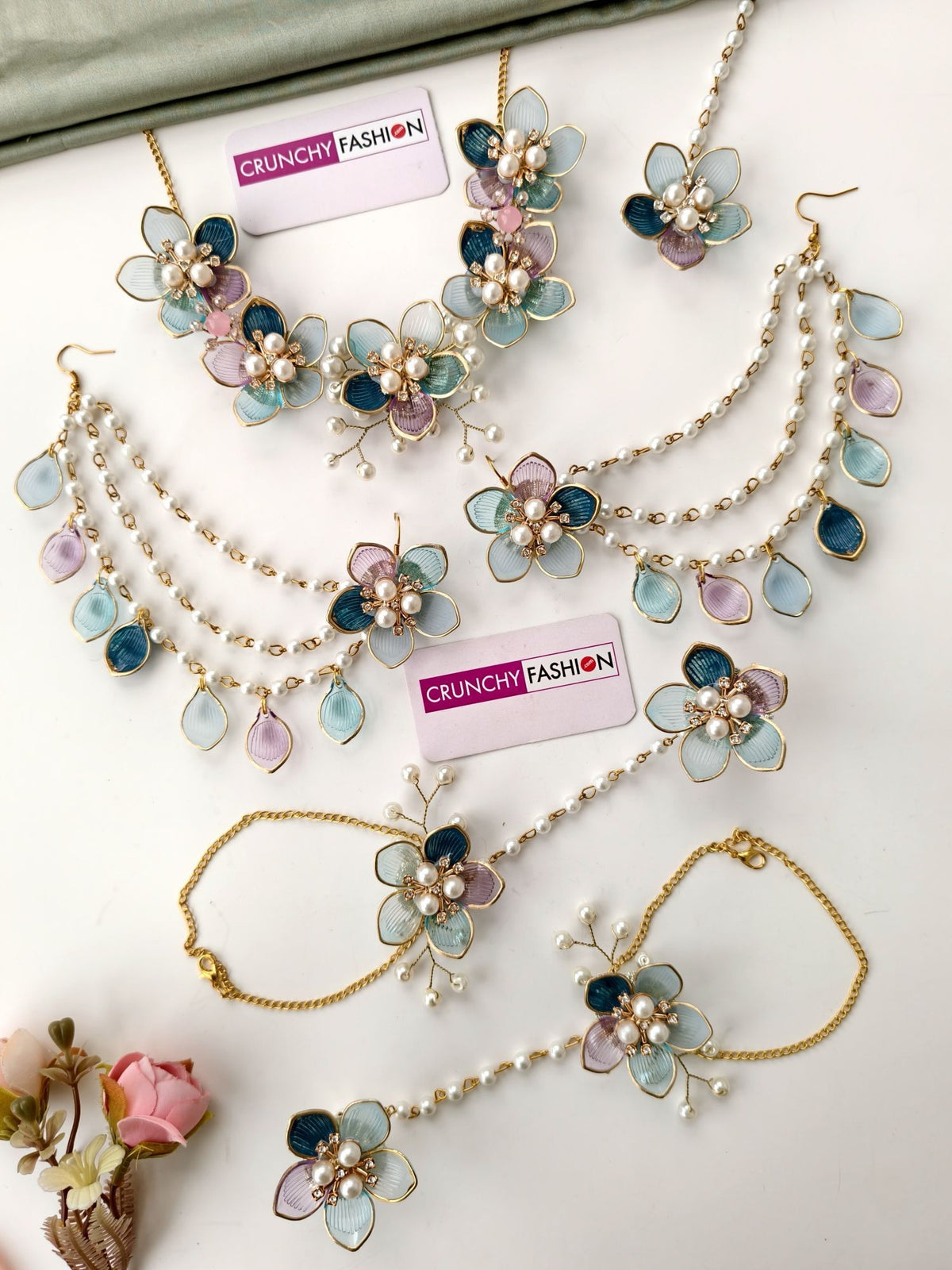 blue and pink floral acrylic jewellery set for haldi mehendi