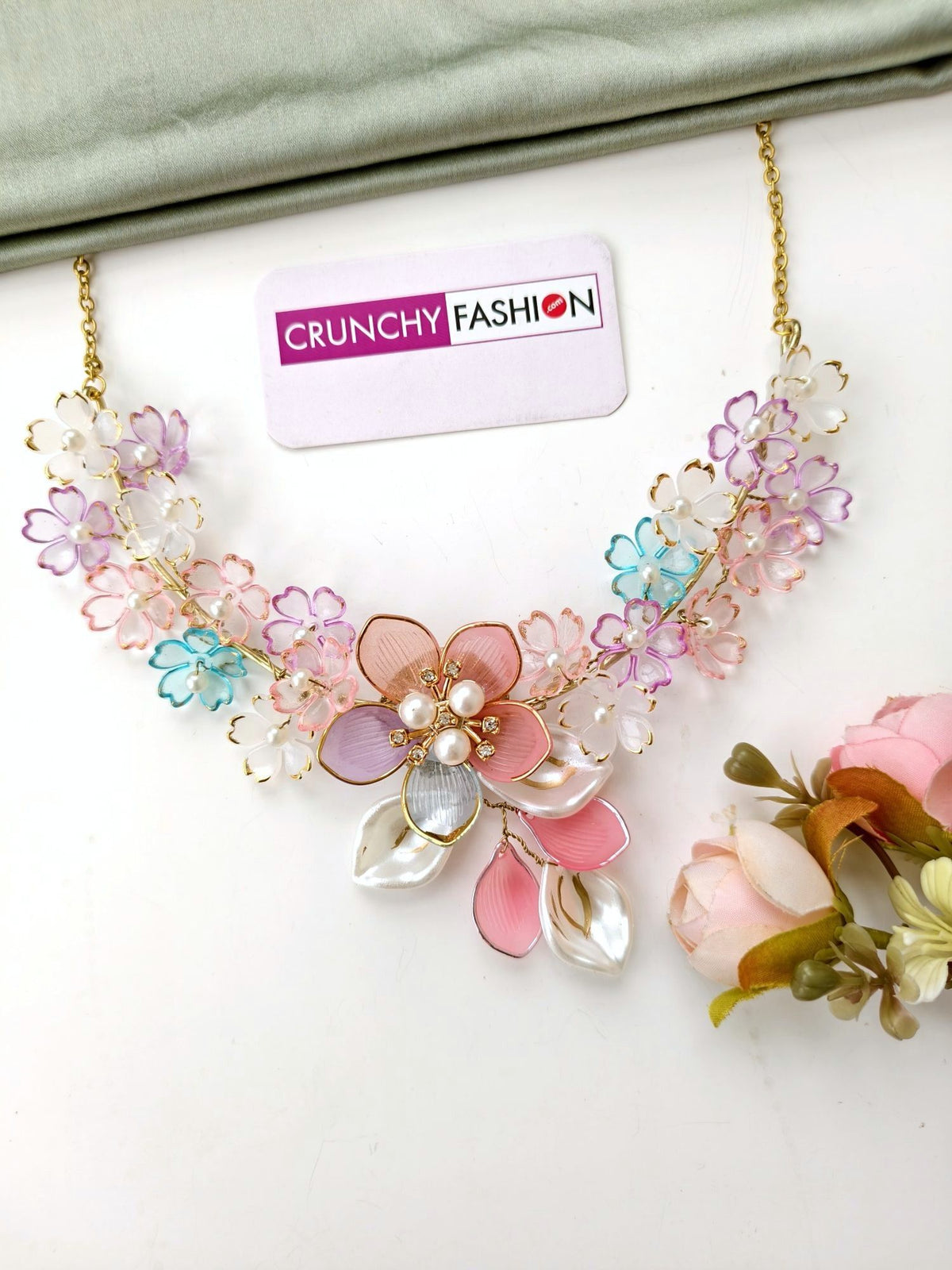 Pastel pink acrylic flower jewellery set with elegant pearl necklace