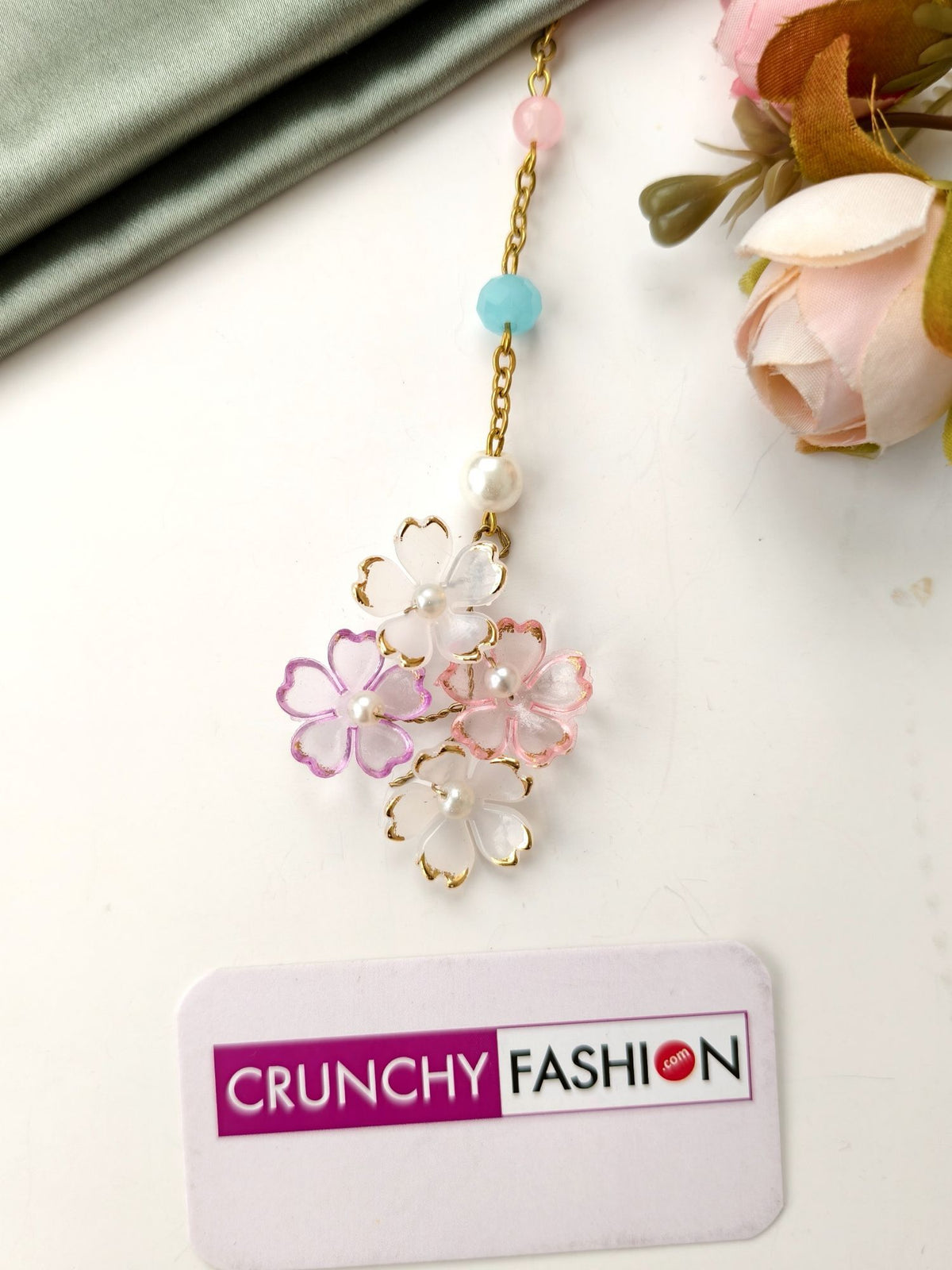 Pastel pink acrylic flower jewellery set with elegant pearl necklace