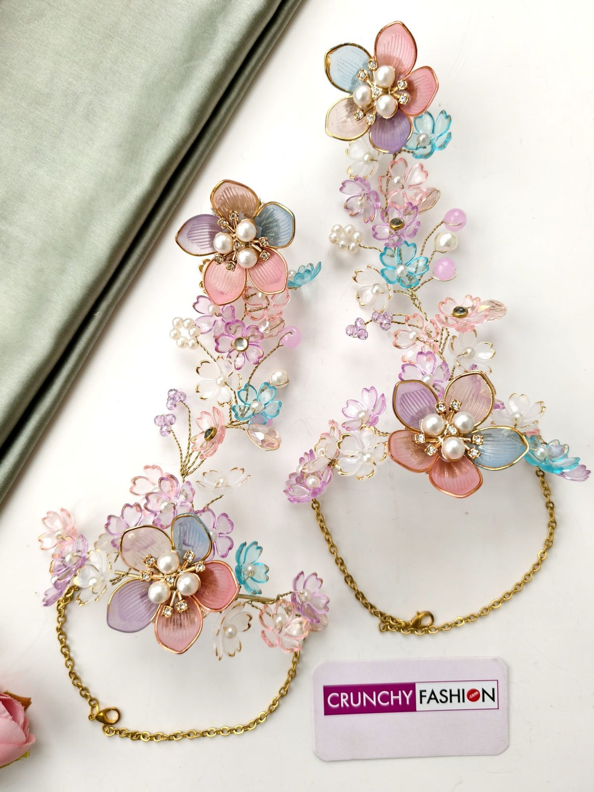 Pastel pink acrylic flower jewellery set with elegant pearl necklace
