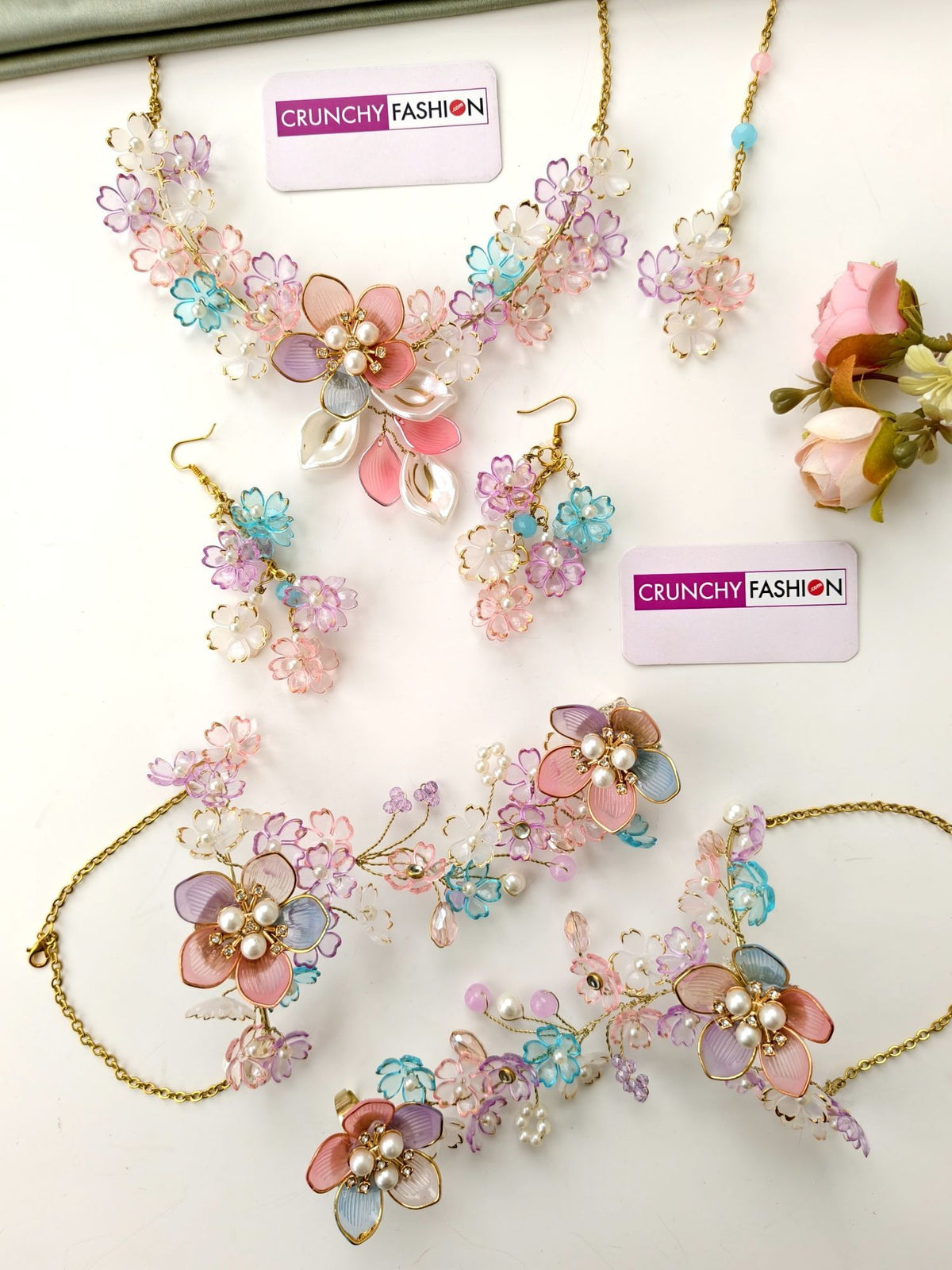 Pastel pink acrylic flower jewellery set with elegant pearl necklace