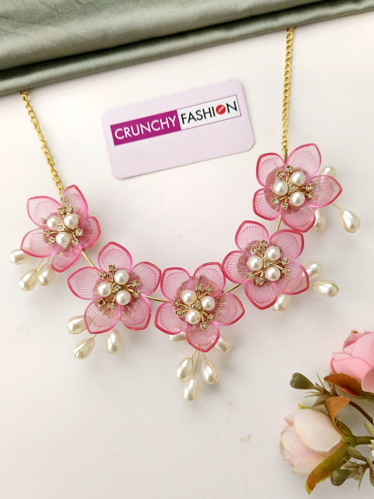 Pink acrylic flower jewellery set with elegant pearl necklace for Haldi