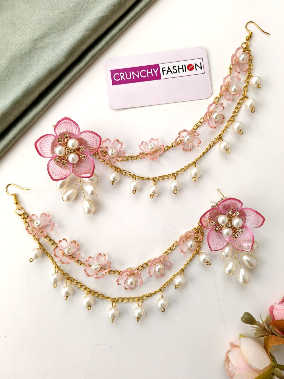 Pink acrylic flower jewellery set with elegant pearl necklace for Haldi