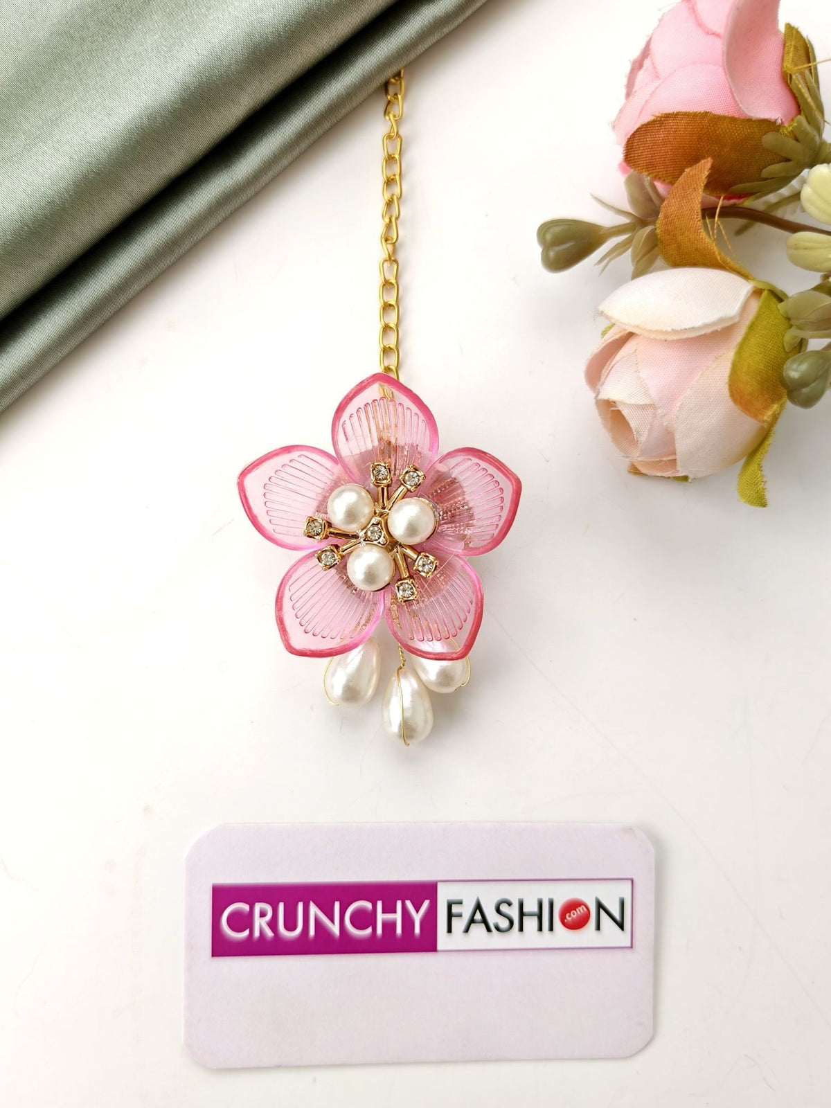 Pink acrylic flower jewellery set with elegant pearl necklace for Haldi