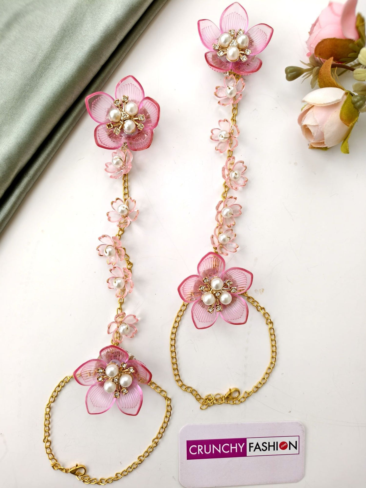 Pink acrylic flower jewellery set with elegant pearl necklace for Haldi