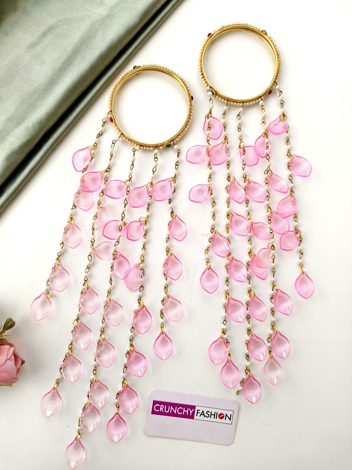 Pink acrylic flower jewellery set with elegant pearl necklace for Haldi