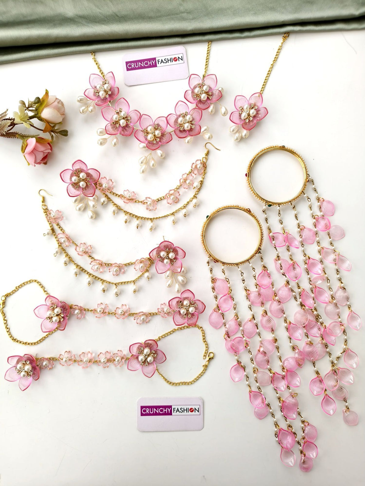 Pink acrylic flower jewellery set with elegant pearl necklace for Haldi
