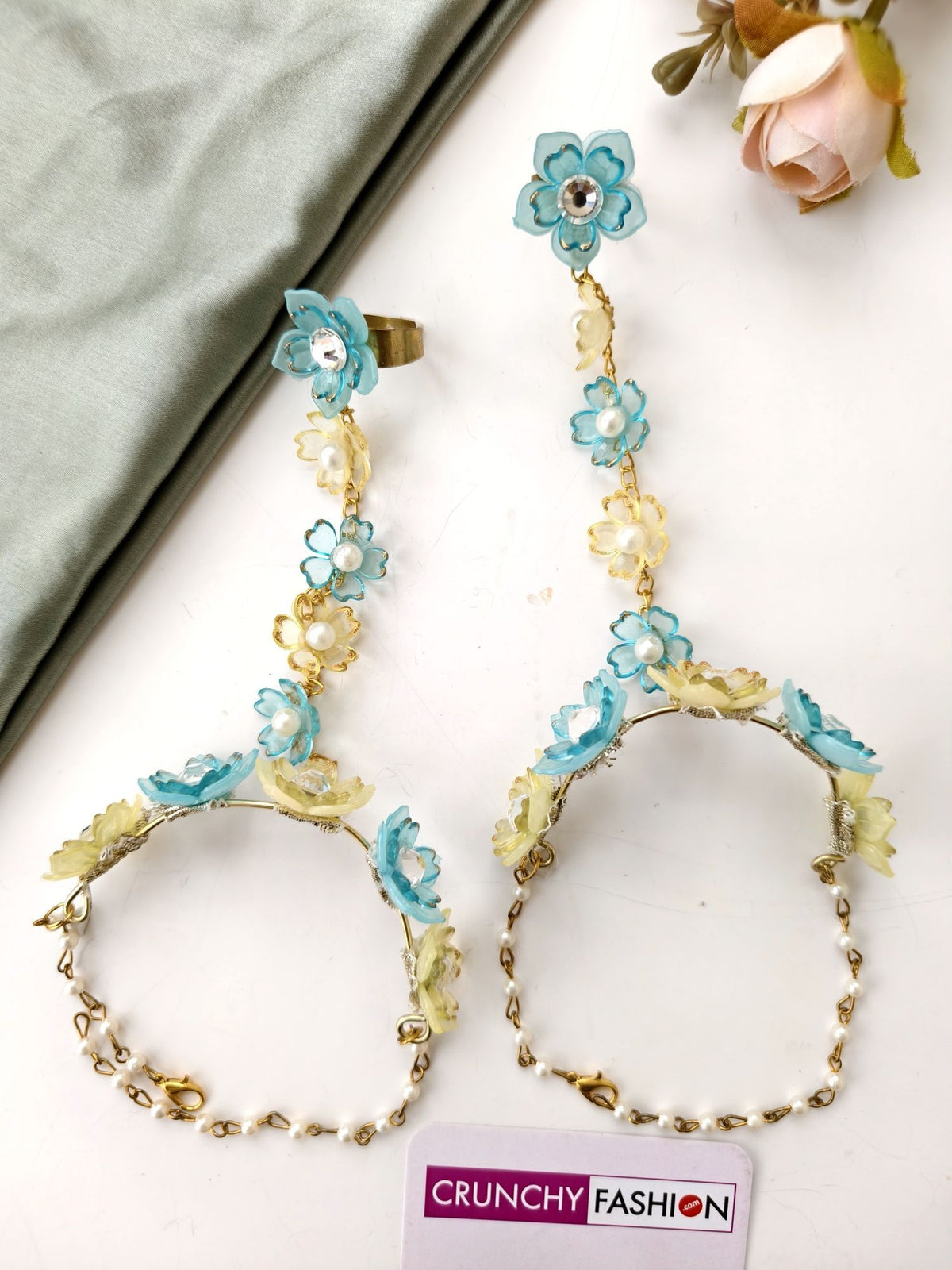 Skyblue yellow acrylic flower jewellery set for haldi mehndi
