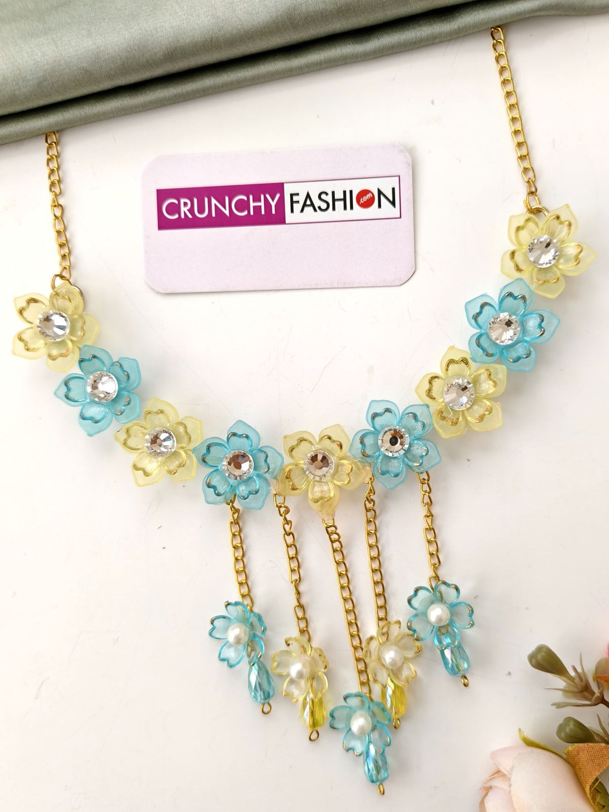 Skyblue yellow acrylic flower jewellery set for haldi mehndi