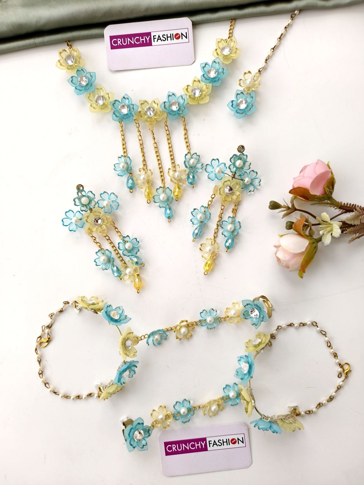 Skyblue yellow acrylic flower jewellery set for haldi mehndi