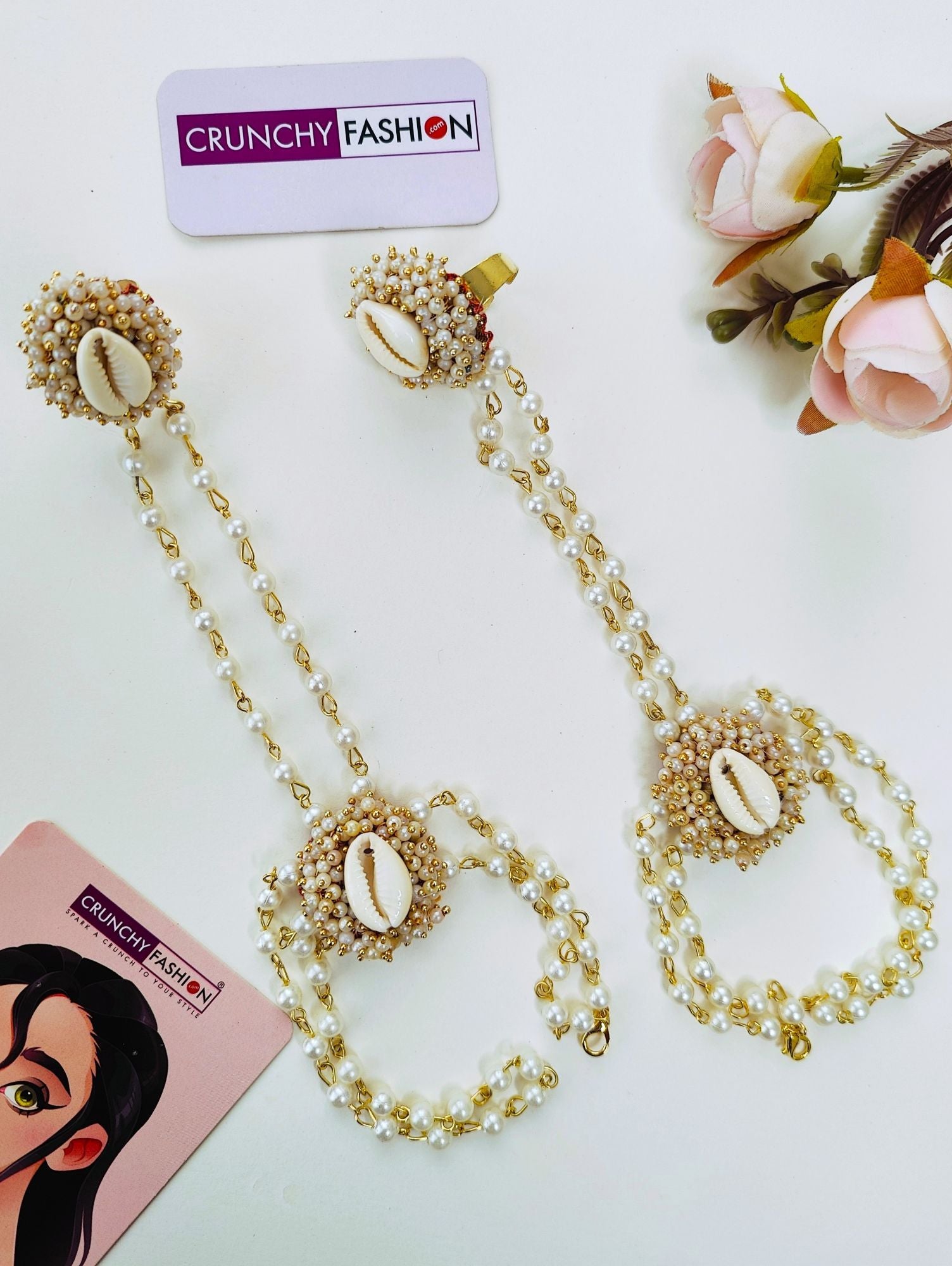 Off-white Haldi Mehndi jewellery, handcrafted sea shell Hathphool set with flower design and gold plating