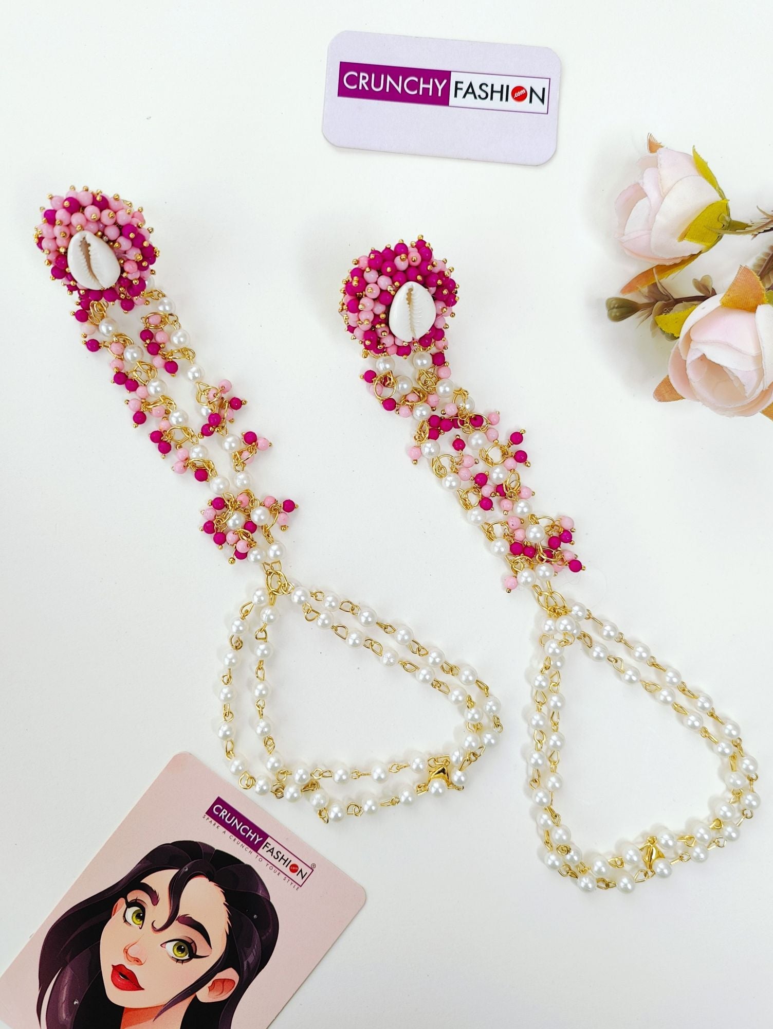 Pink Sea Shell Hathphool bracelet with flower design and gold plating, perfect for Haldi Mehndi occasions for women and girls
