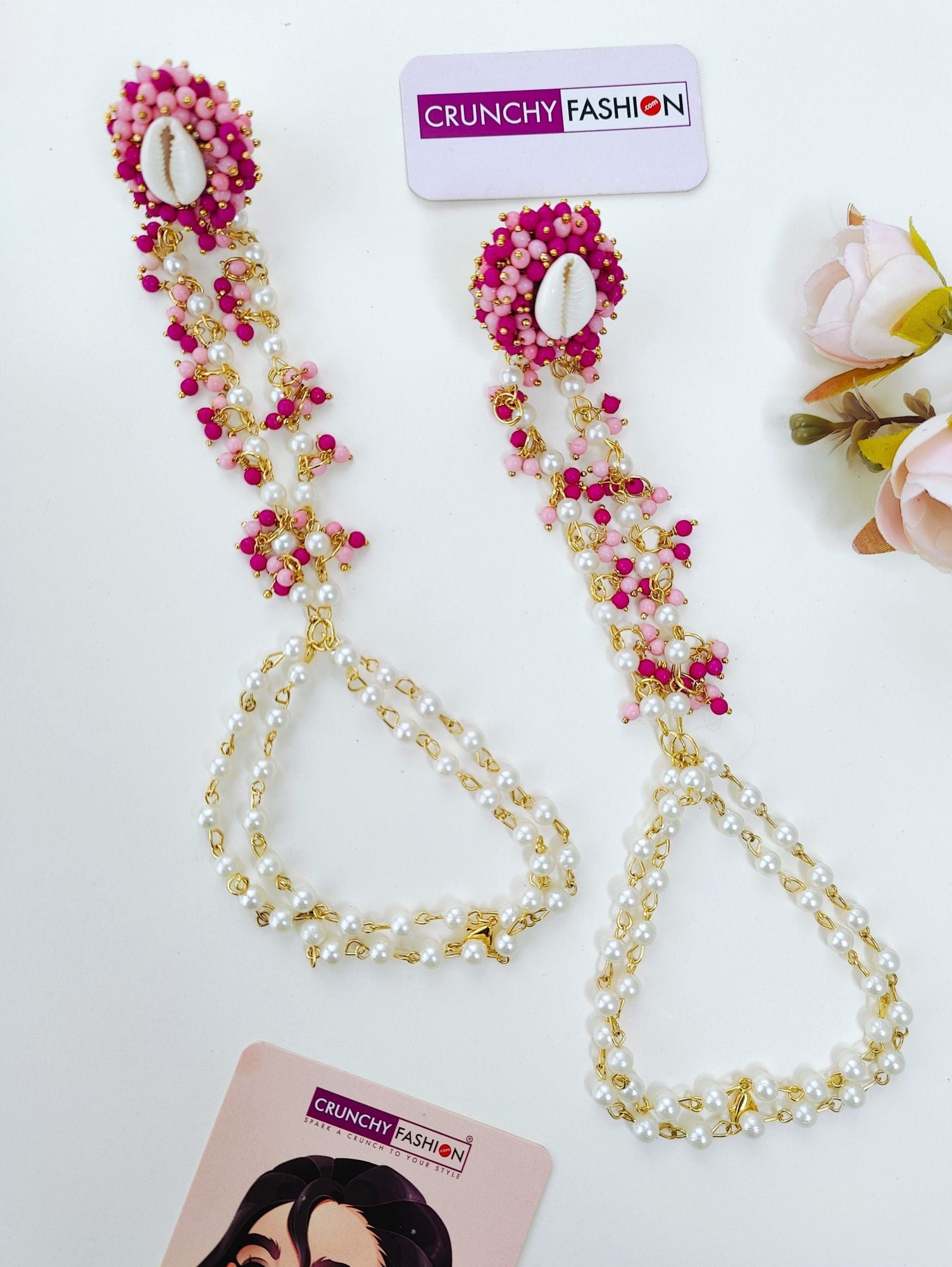Pink Sea Shell Hathphool bracelet with flower design and gold plating, perfect for Haldi Mehndi occasions for women and girls