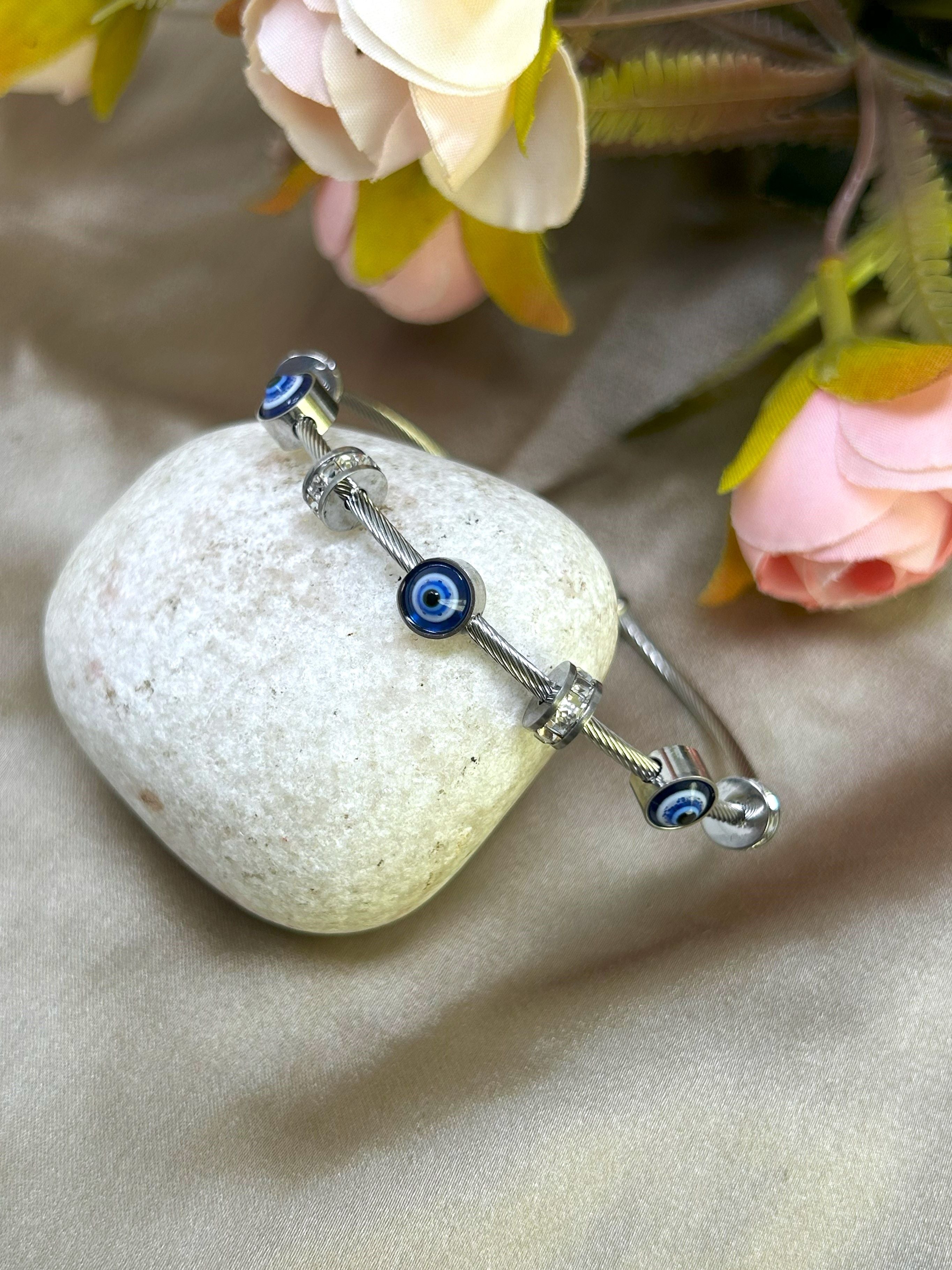 Silver Classic Evil Eye Bangle Bracelet for women, Girl Anti Tarnish Water Proof