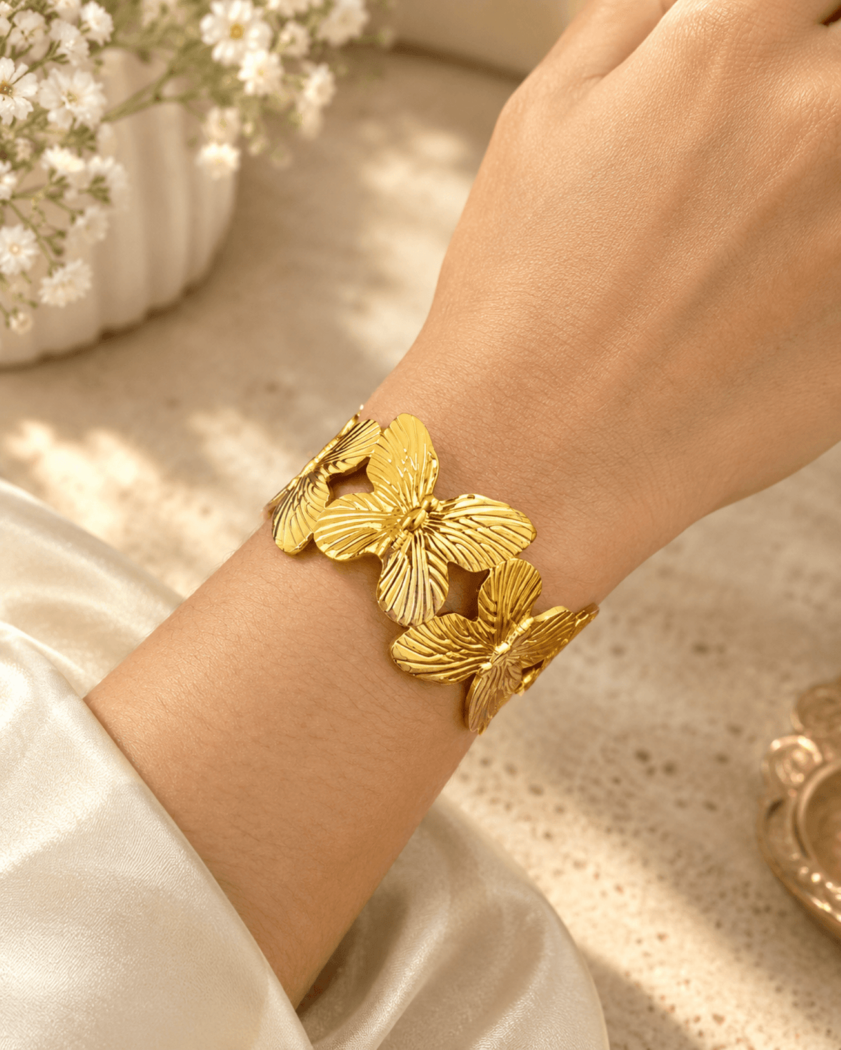 Gold butterfly open cuff bangle for women, anti-tarnish, adjustable minimalist jewelry for everyday or party wear
