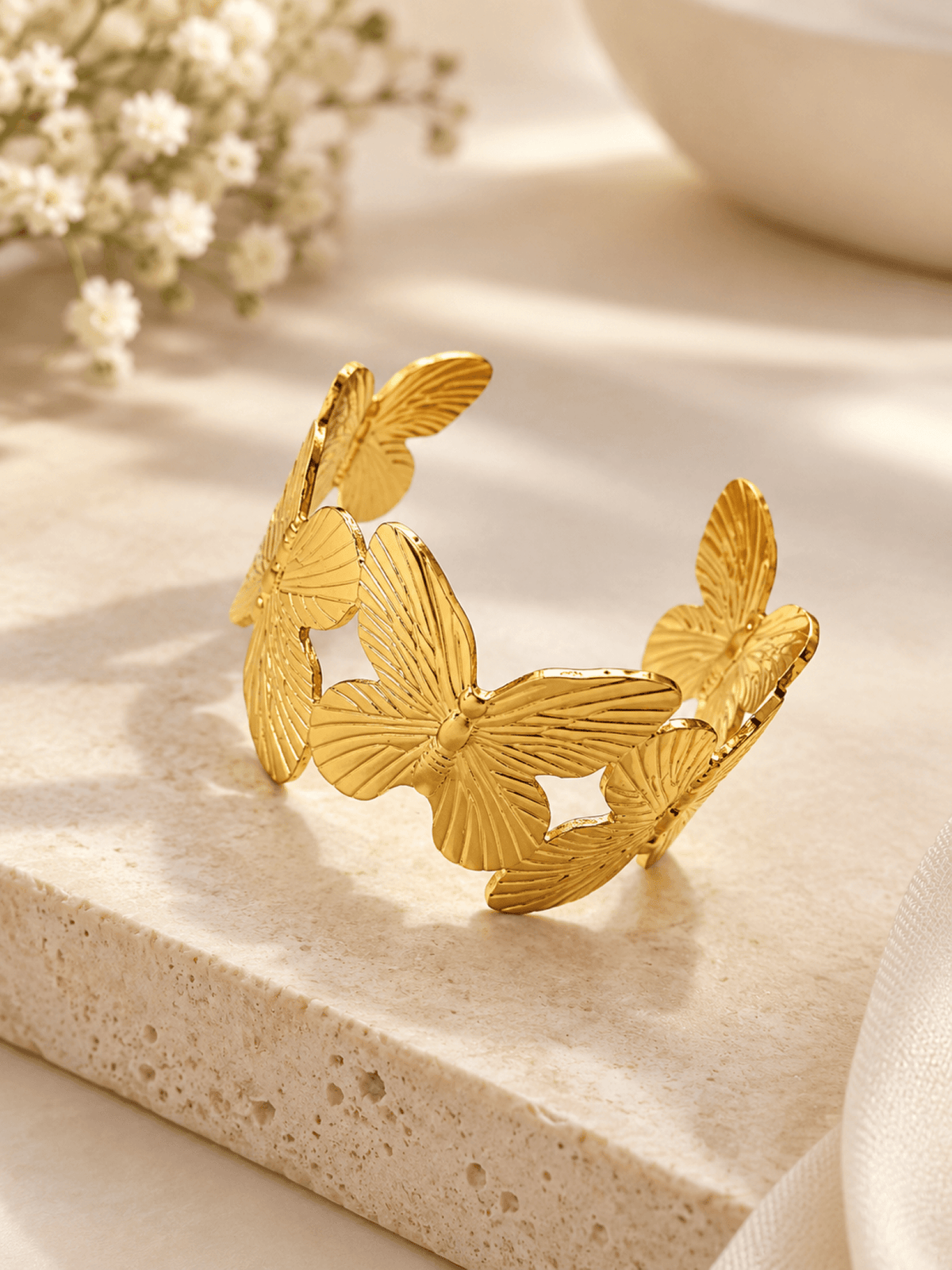 Gold butterfly open cuff bangle for women, anti-tarnish, adjustable minimalist jewelry for everyday or party wear