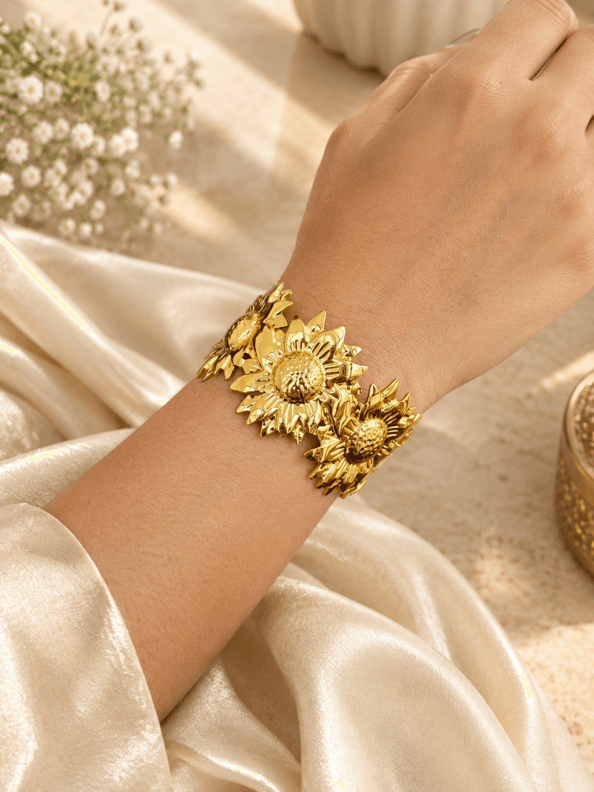 Minimalist gold floral open cuff bangle for women, anti-tarnish, adjustable, perfect for daily wear or festive events