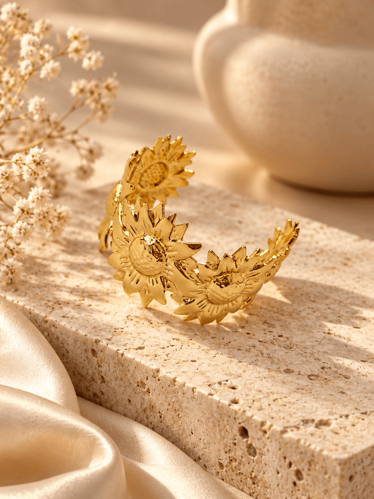 Minimalist gold floral open cuff bangle for women, anti-tarnish, adjustable, perfect for daily wear or festive events