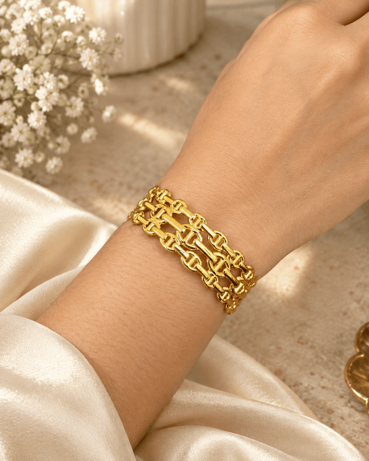 Gold anti-tarnish open cuff bangle for women, minimalist floral design, adjustable, ideal for daily and festive wear