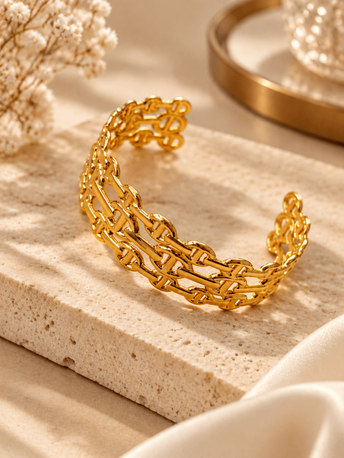 Gold anti-tarnish open cuff bangle for women, minimalist floral design, adjustable, ideal for daily and festive wear