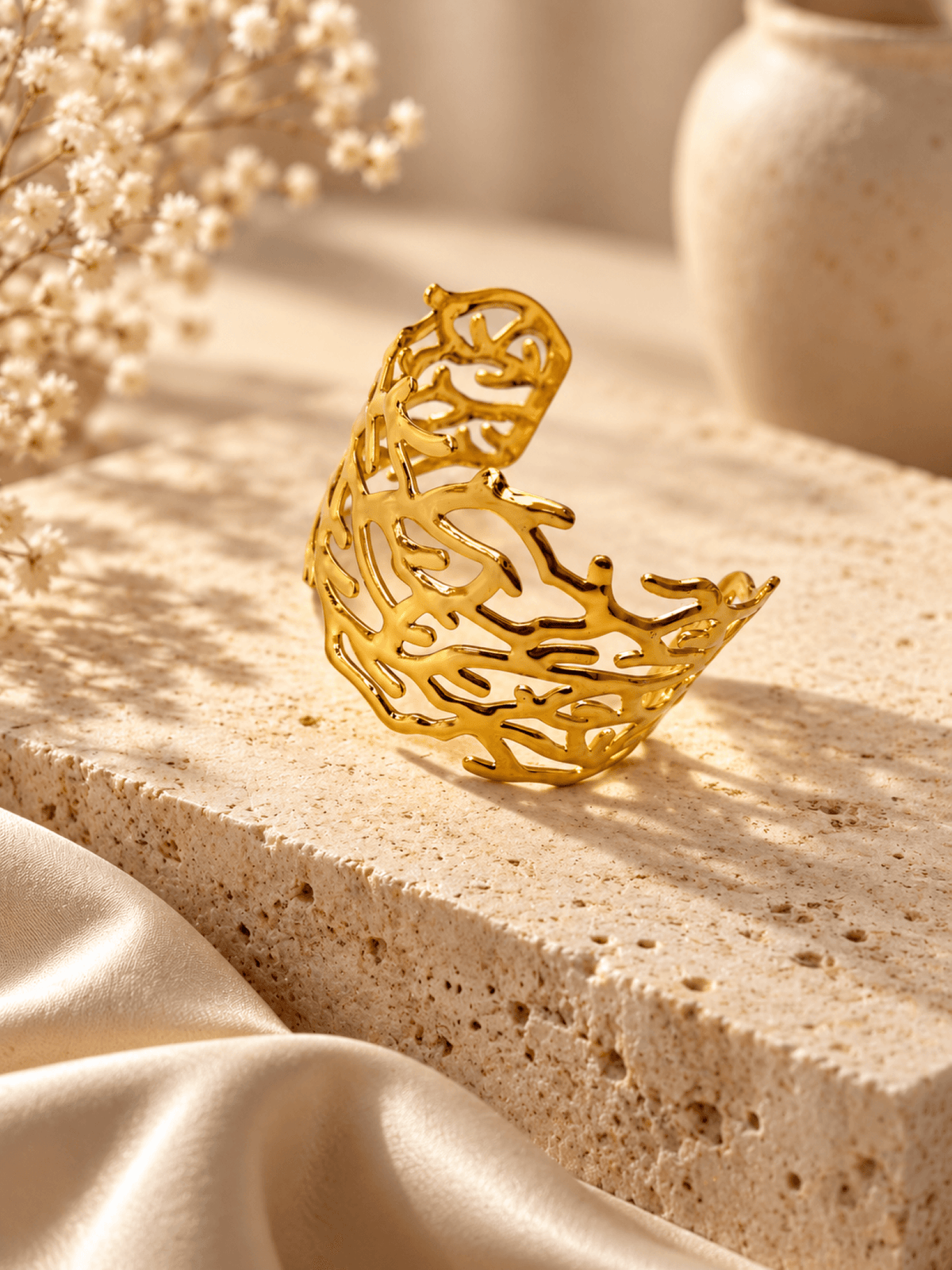 Anti tarnish gold open cuff bangle for women with abstract floral cut-out, adjustable minimalist jewelry 2026