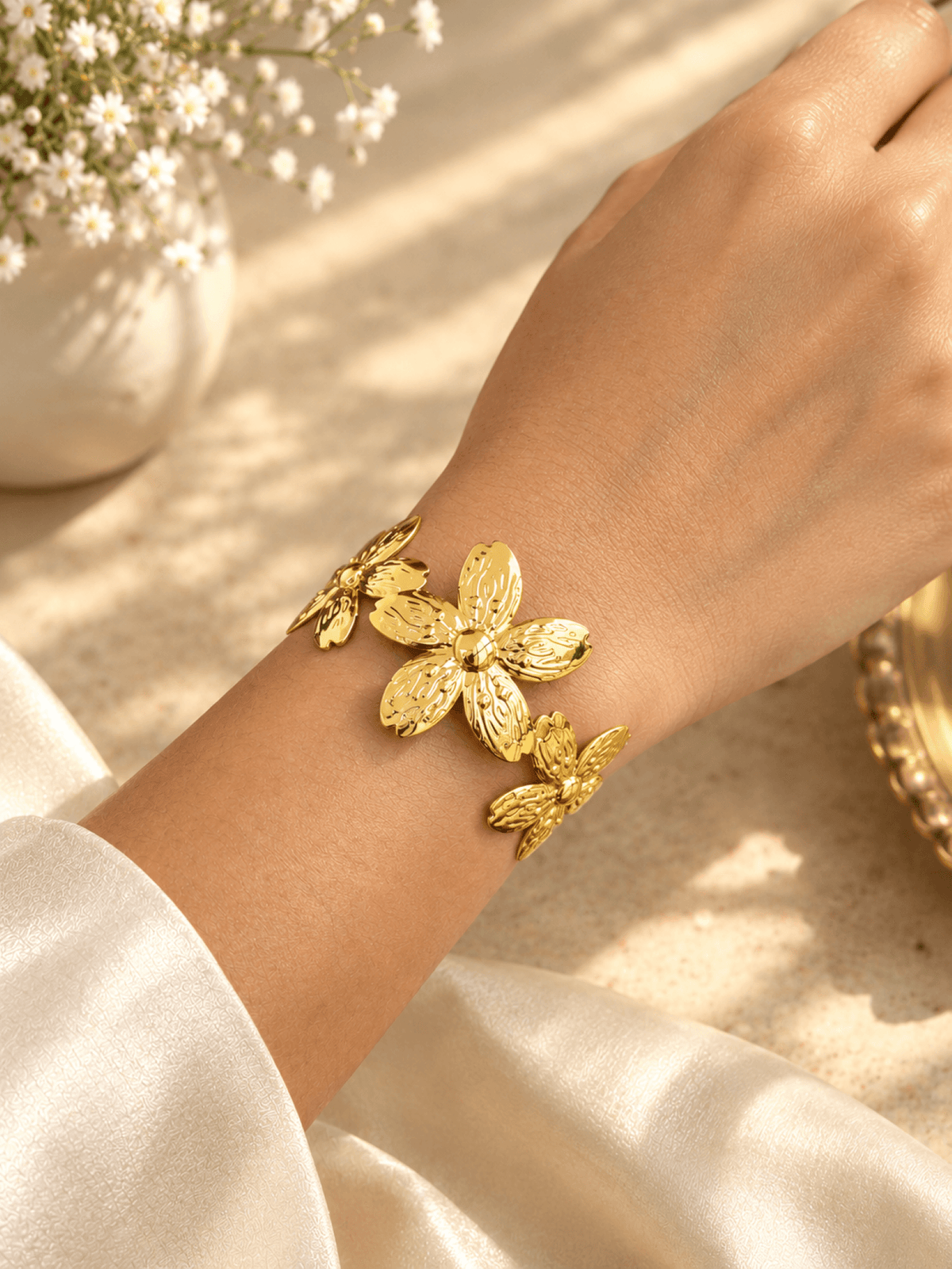 Gold floral open cuff bangle for women, anti-tarnish, adjustable, minimalist round design, festival wear 2026