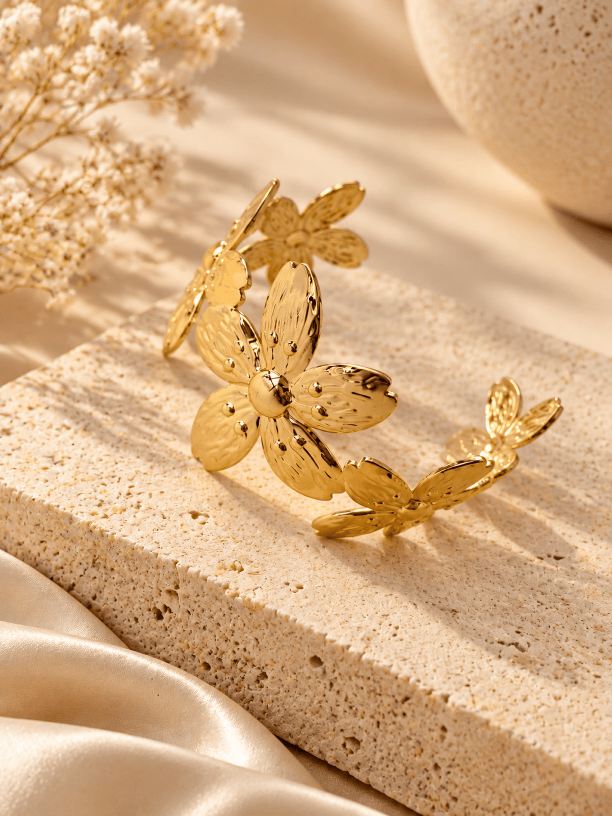 Gold floral open cuff bangle for women, anti-tarnish, adjustable, minimalist round design, festival wear 2026