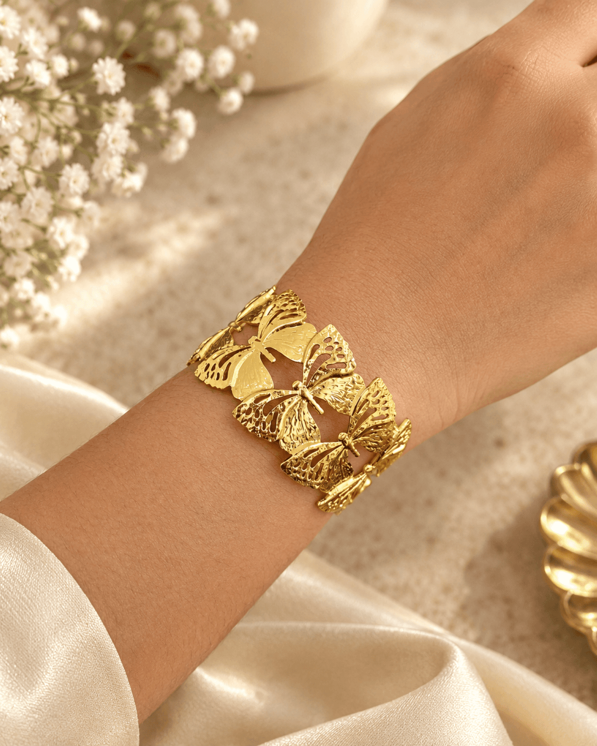 Anti tarnish gold butterfly bangle, stainless steel open cuff for women