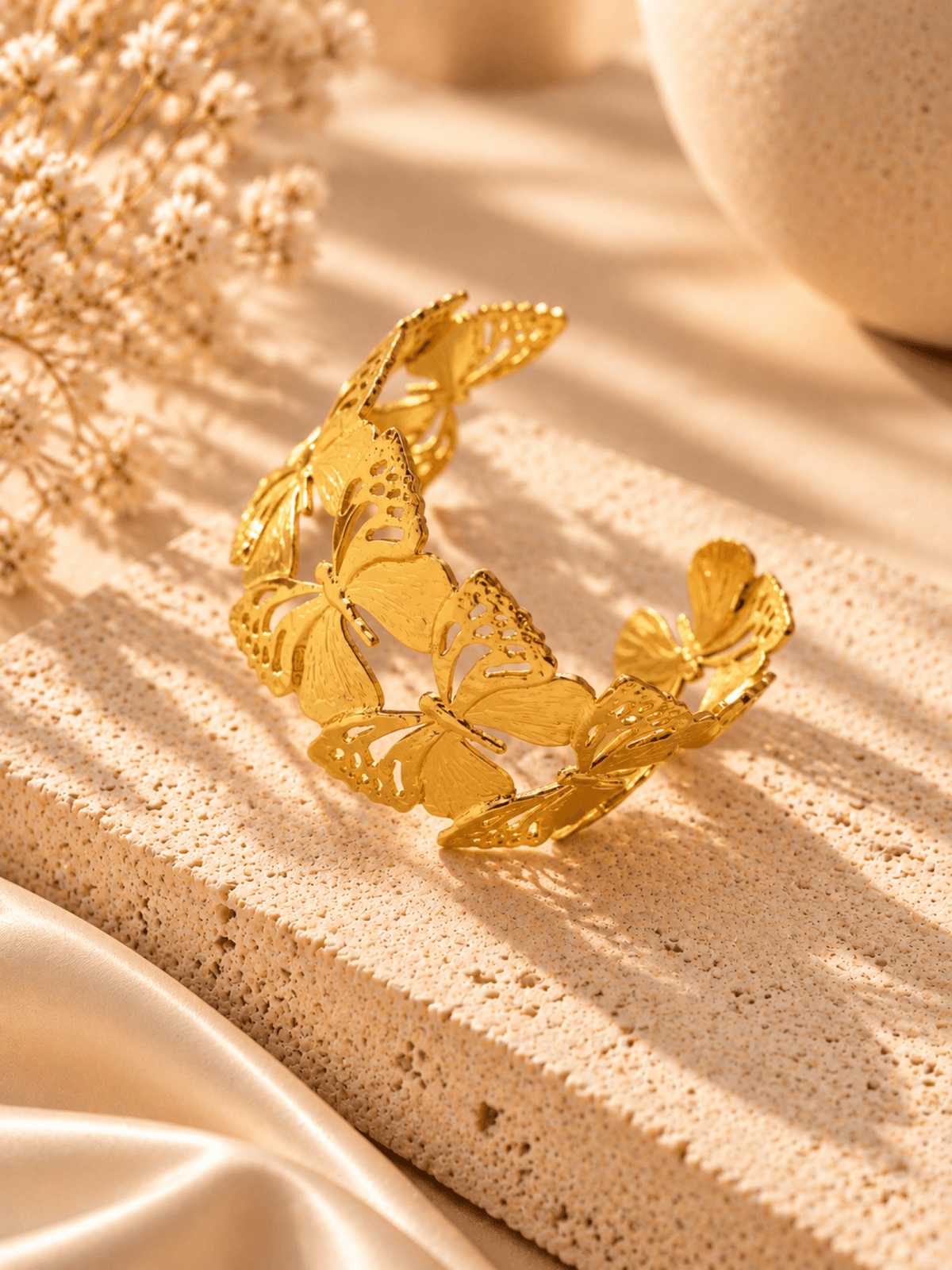 Anti tarnish gold butterfly bangle, stainless steel open cuff for women
