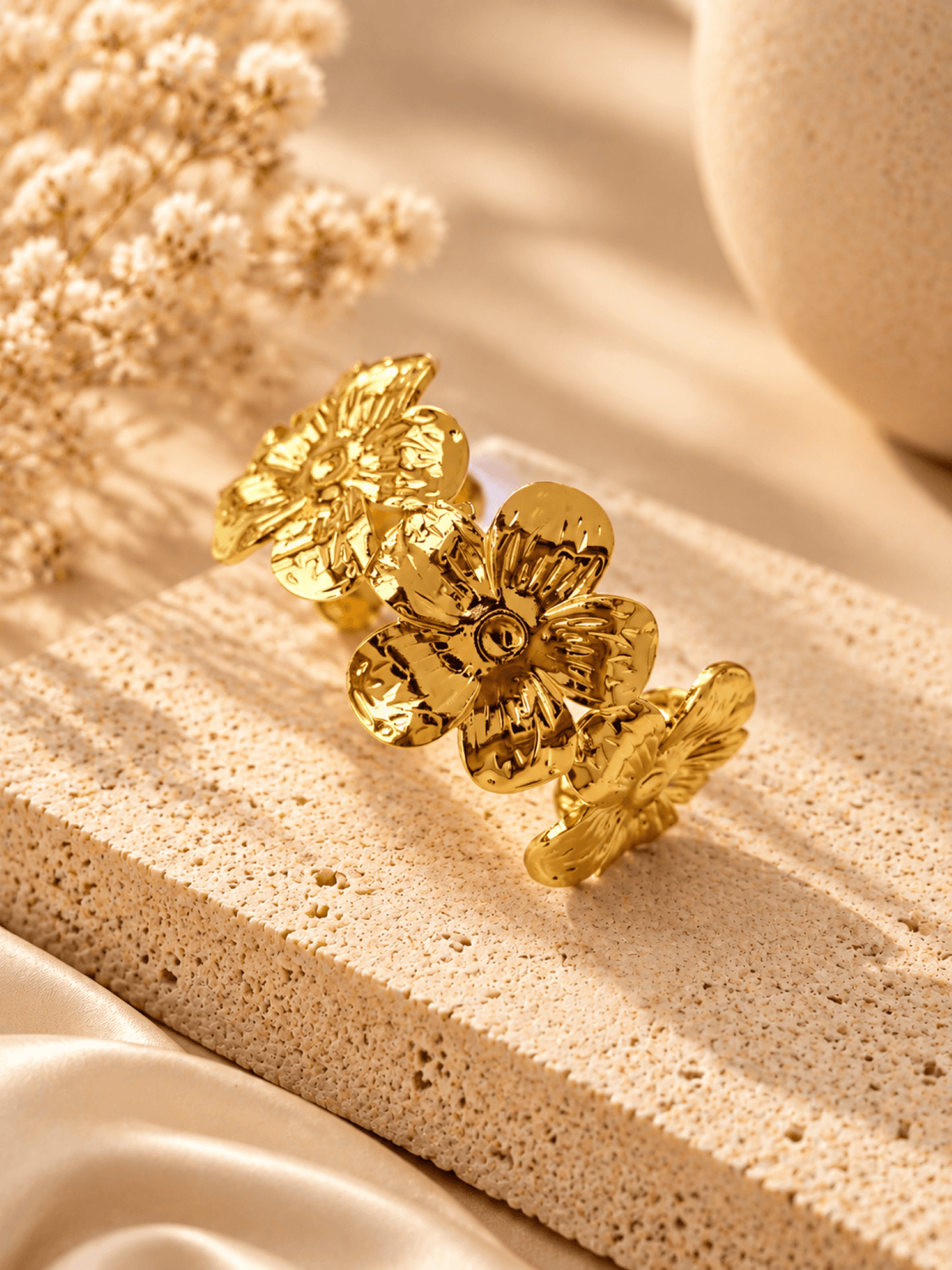 Anti tarnish gold floral open cuff bangle for women, adjustable minimalist jewelry, round shape, 2026 design