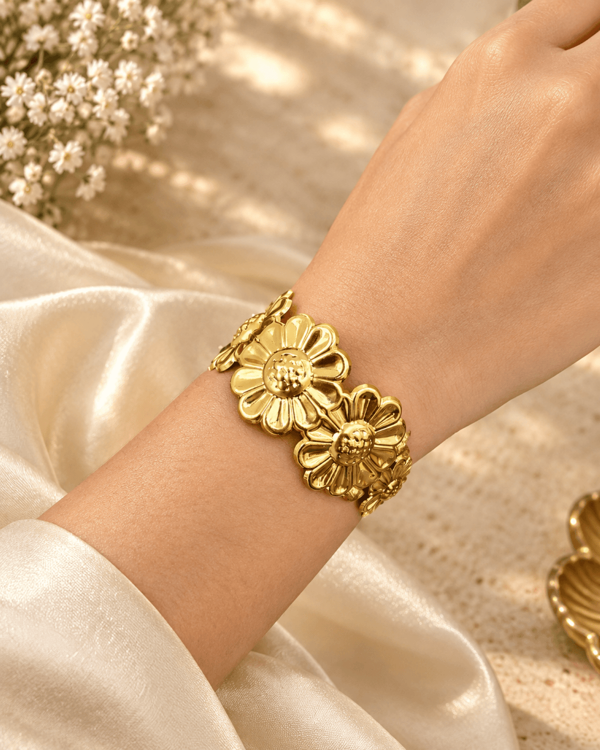 Gold anti-tarnish floral open cuff bangle for women, adjustable minimalist jewelry for party, wedding, or everyday wear