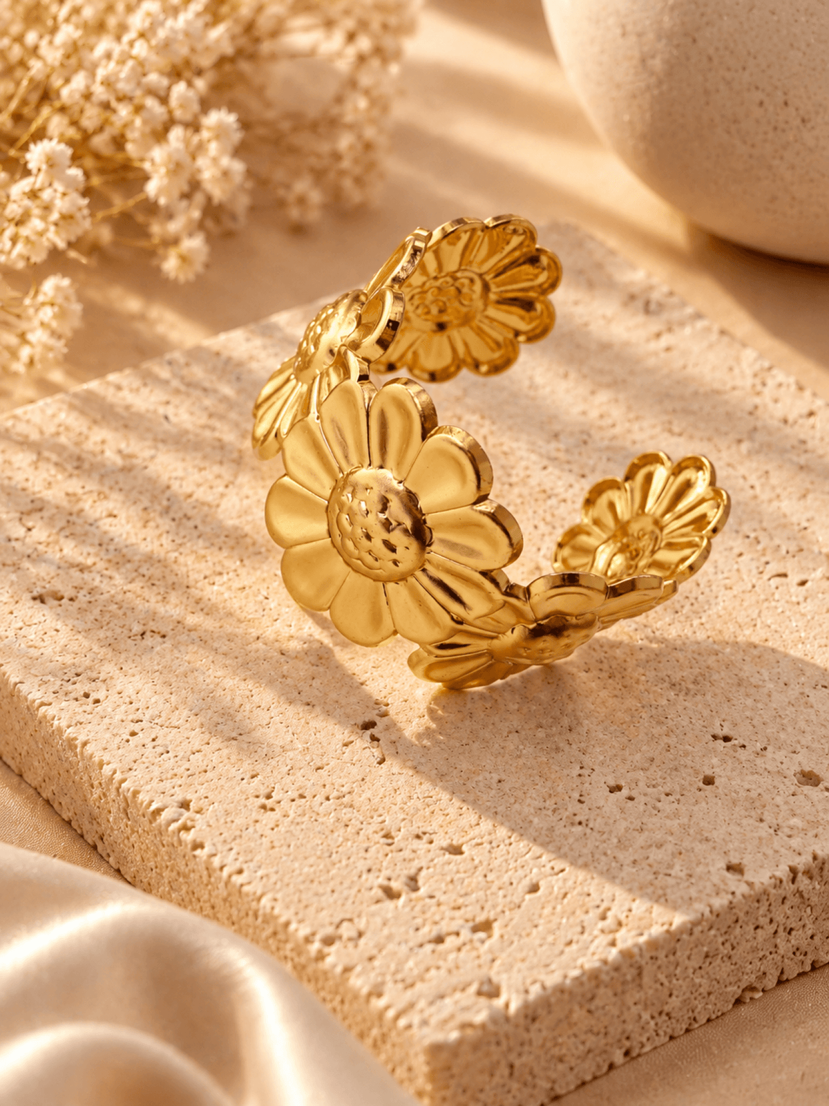 Gold anti-tarnish floral open cuff bangle for women, adjustable minimalist jewelry for party, wedding, or everyday wear