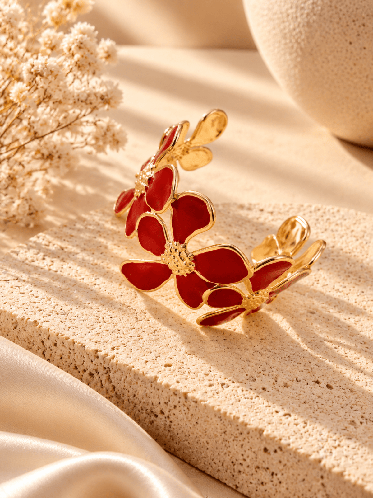Gold open cuff bangle with red daisy flower design, anti-tarnish, adjustable fit for women and girls