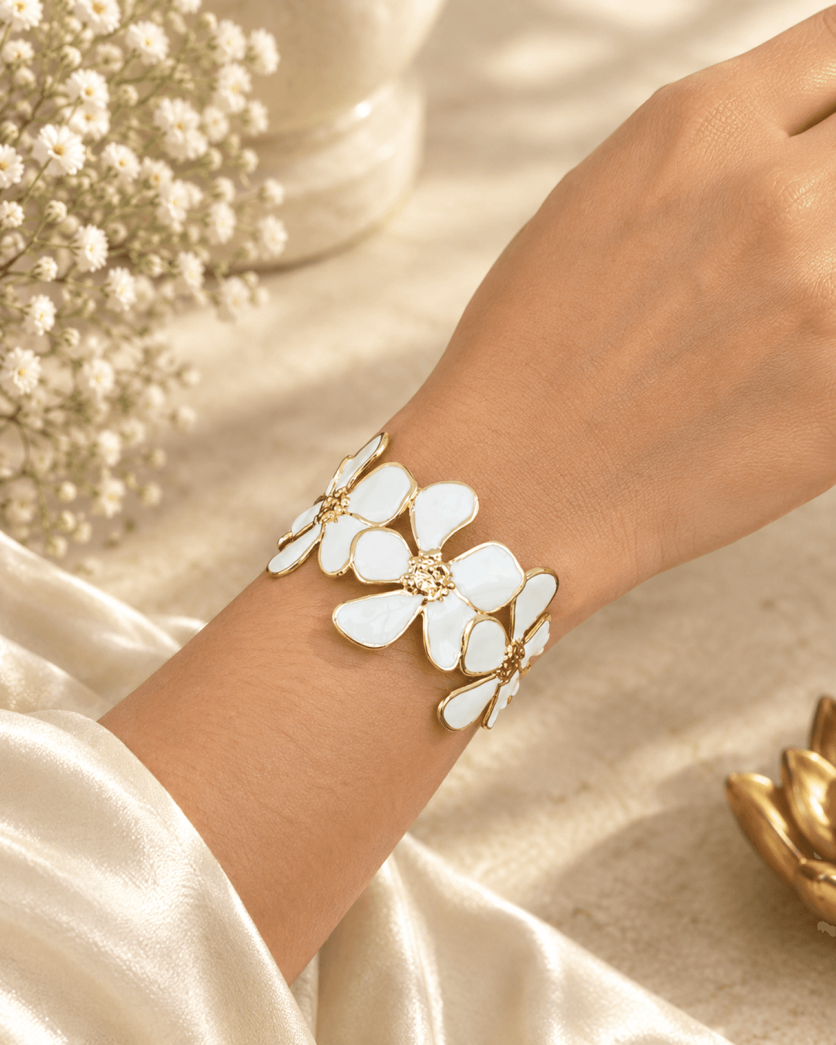 Minimalist gold-plated daisy floral open cuff bangle for women and girls, anti-tarnish, adjustable, party wear