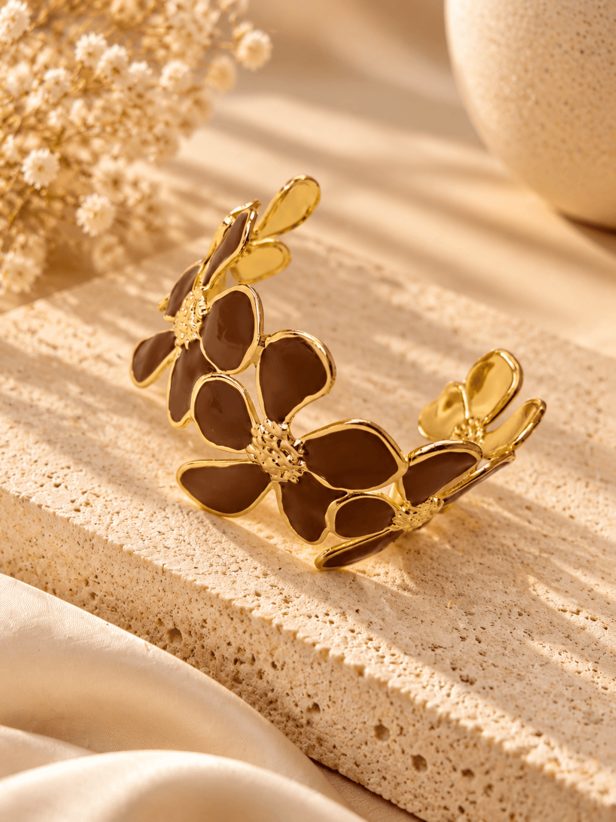 Gold daisy floral open cuff bangle, anti-tarnish, adjustable, minimalist jewelry for women and girls