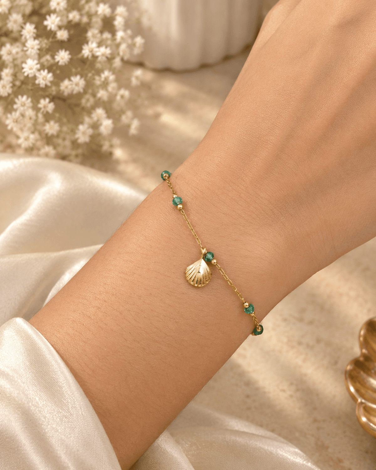 Green beaded shell charm anklet, anti tarnish bracelet for women