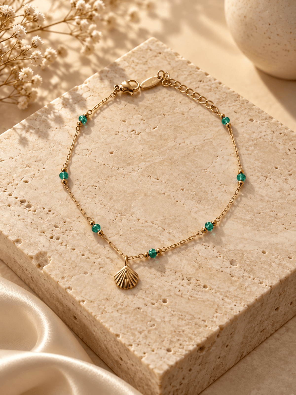 Green beaded shell charm anklet, anti tarnish bracelet for women