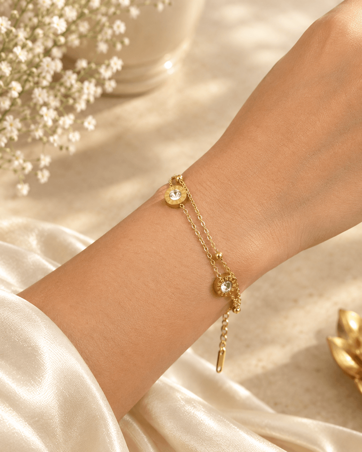 Gold double layer crystal anti tarnish bracelet for women