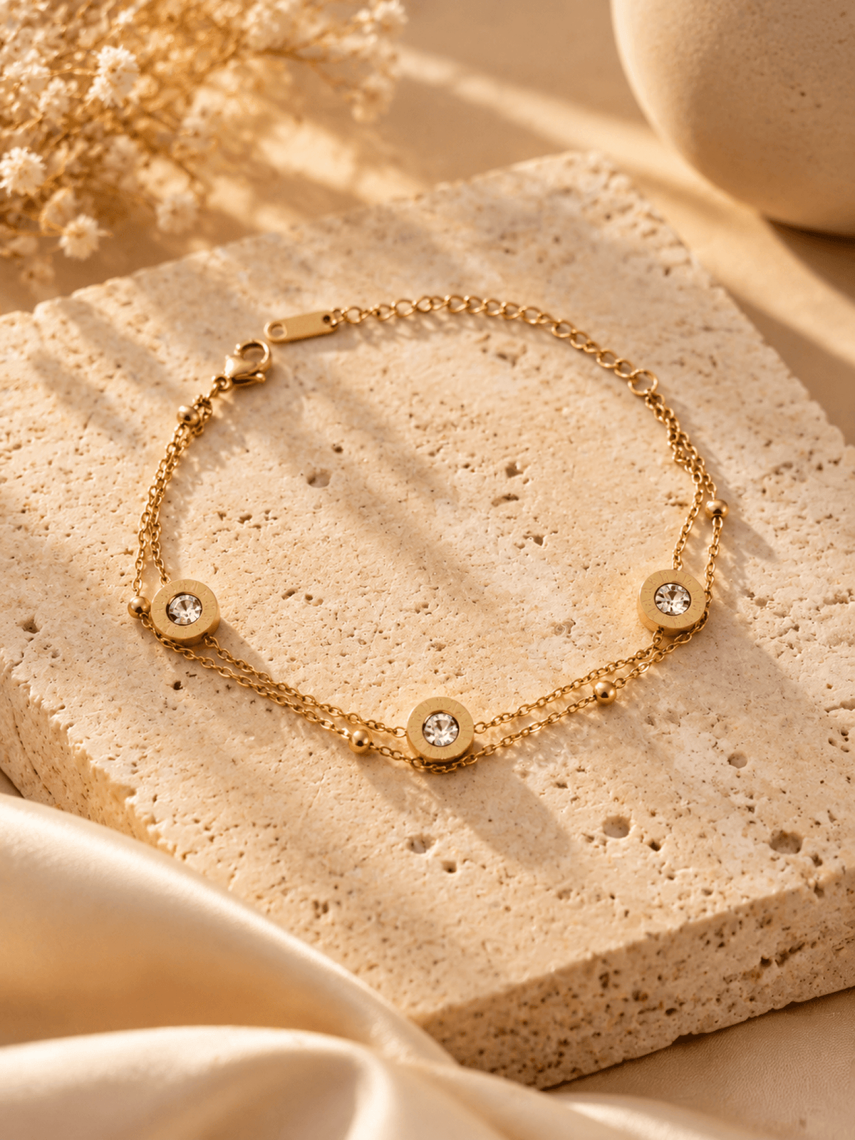 Gold double layer crystal anti tarnish bracelet for women