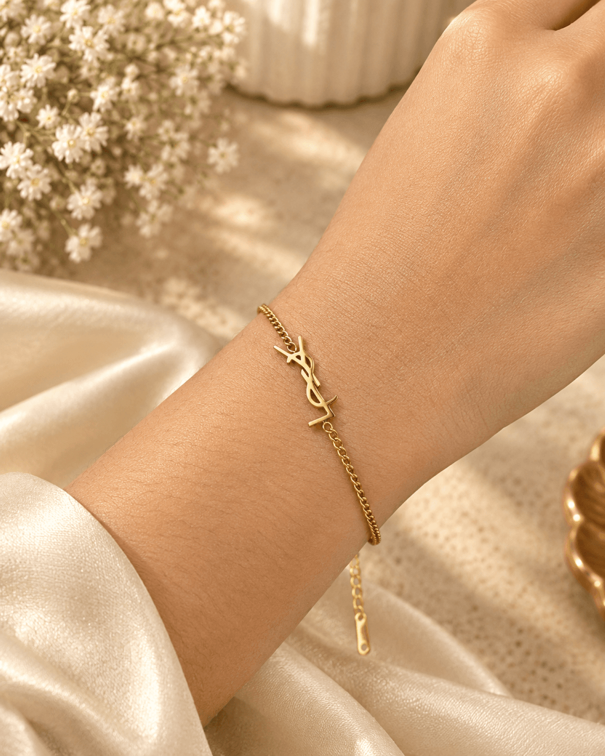 Gold monogram round chain bracelet for girls and women, stainless steel, anti-tarnish, adjustable minimalist jewelry