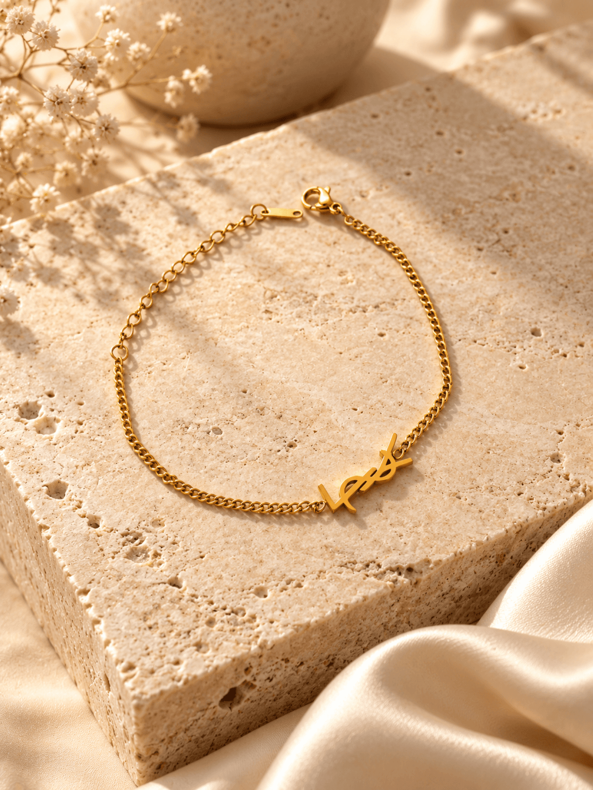 Gold monogram round chain bracelet for girls and women, stainless steel, anti-tarnish, adjustable minimalist jewelry